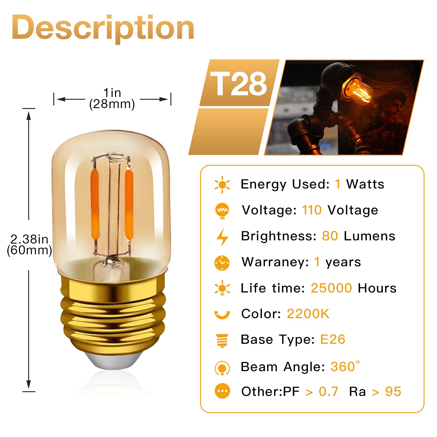 Hcnew E26 Led Amber Night Light Bulbs 1W, T28 Mini Edison Tube Lamp 2200K Warm, 10W Incandescnet Equivalent,Non-Dimmable Replace