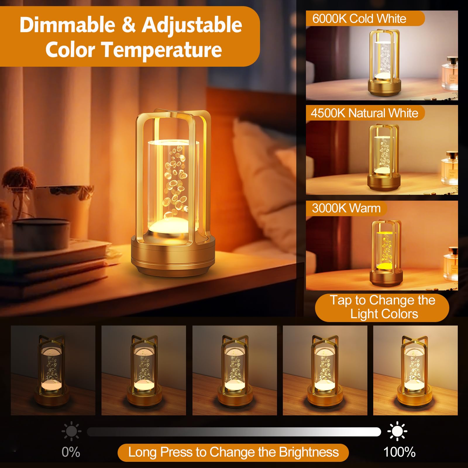 Yunaking Portable Table Lamp - Cordless Rechargeable, 3 Color Dimmable, Metal, Bubble Gold, Model QPSZD-GOLD