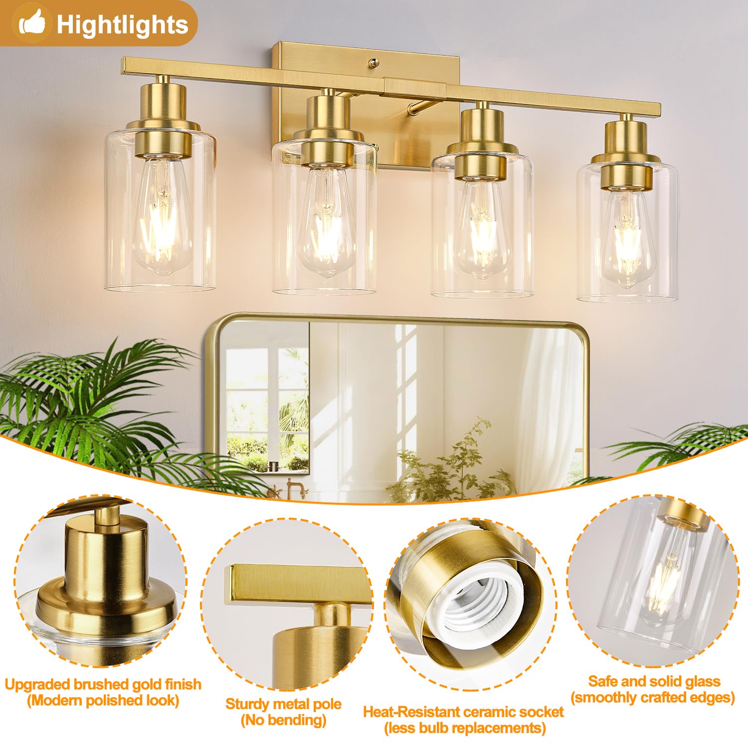 Indoi 4-Light Vanity Lights With Clear Glass Shades, Brushed Gold Bathroom Light Fixtures Over Mirror, Modern Bathroom Wall Lamp