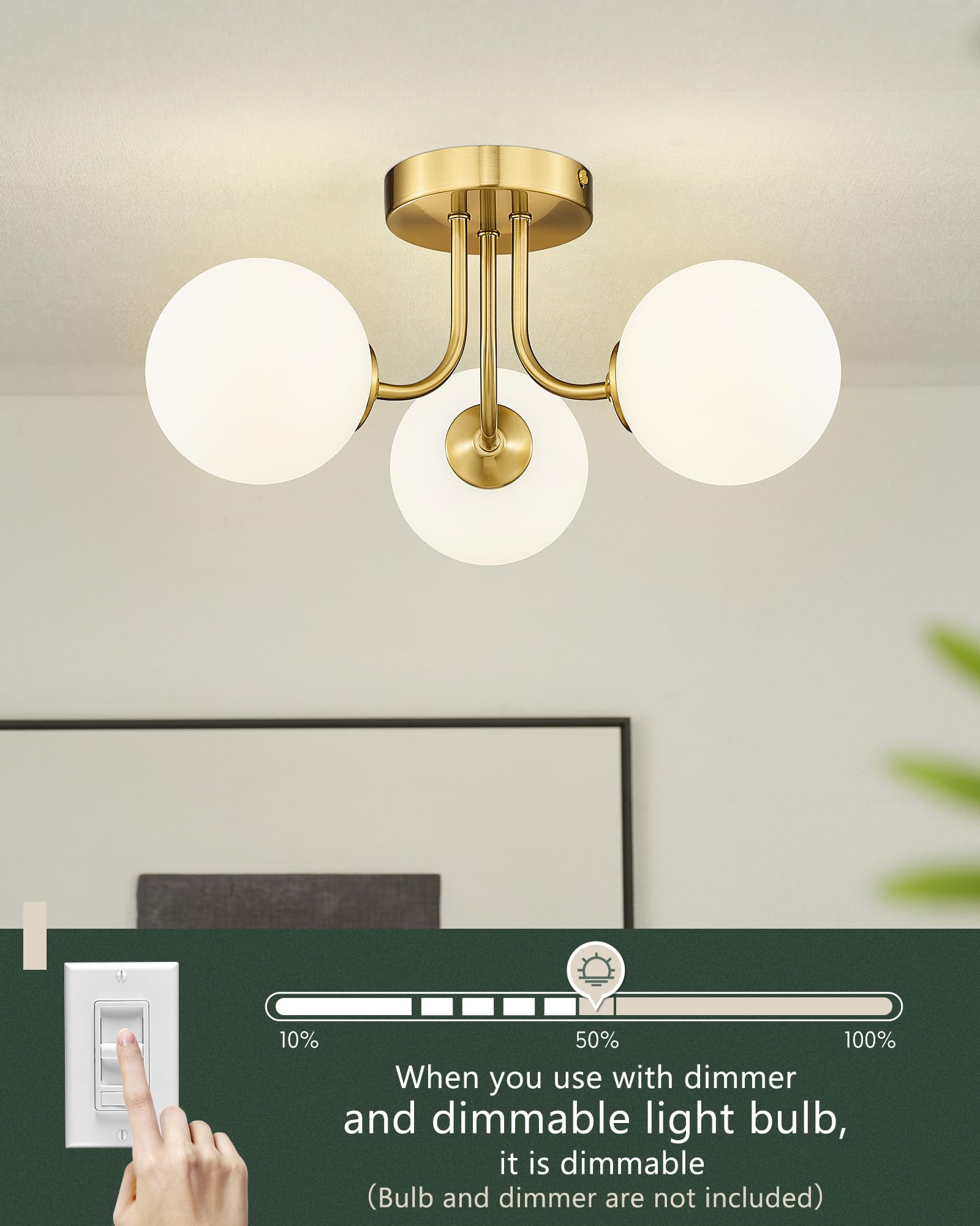 Cargifak Gold Flush Mount Ceiling Light, 6 Frosted Glass Shades, Modern Farmhouse Design, Model CKCL4845-6W-PG