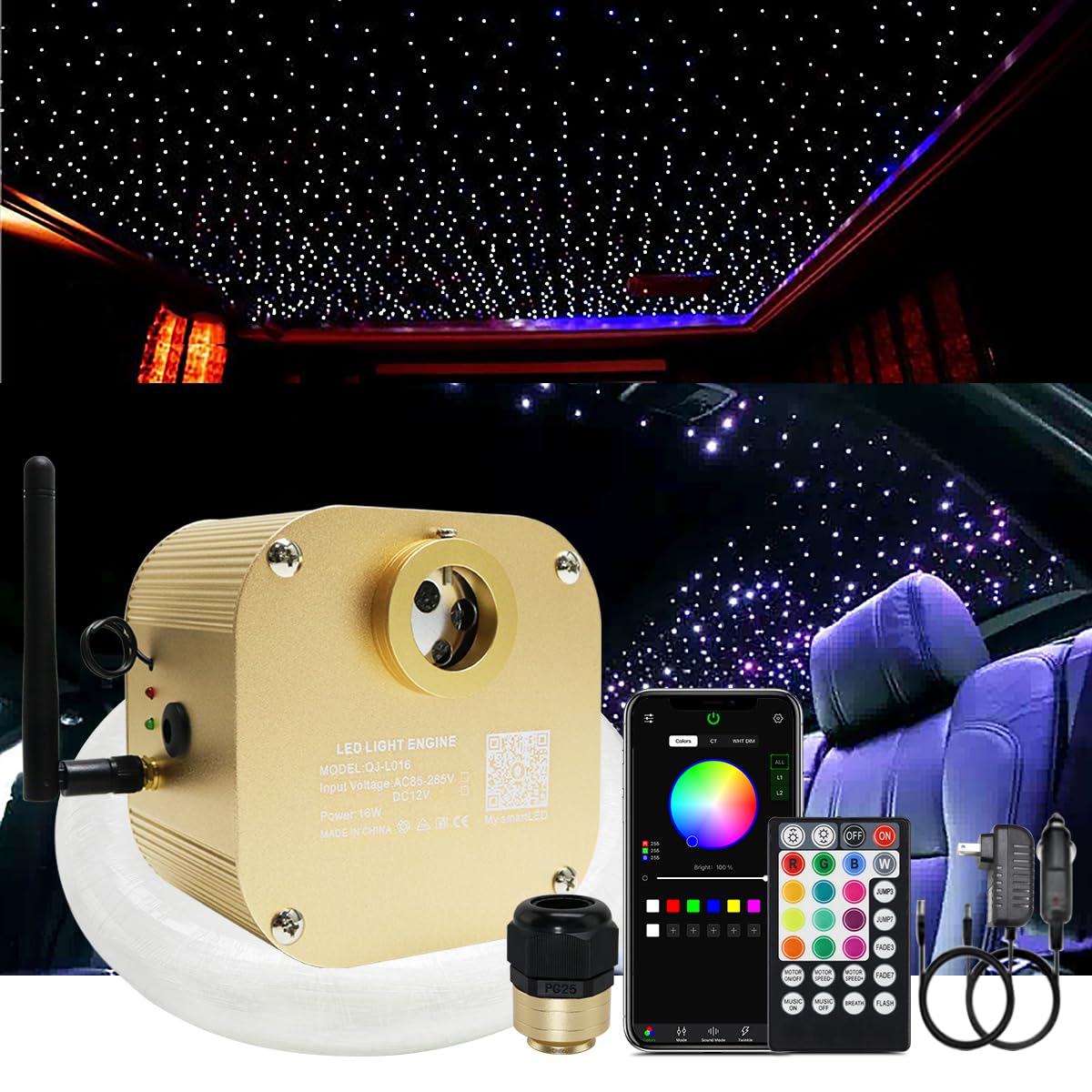 Akepo Rgbw Twinkle Fiber Optic Lights Kit, 16W Music & App Control, 550Pcs 13.1Ft, Multicolor, Aluminum, Model 550