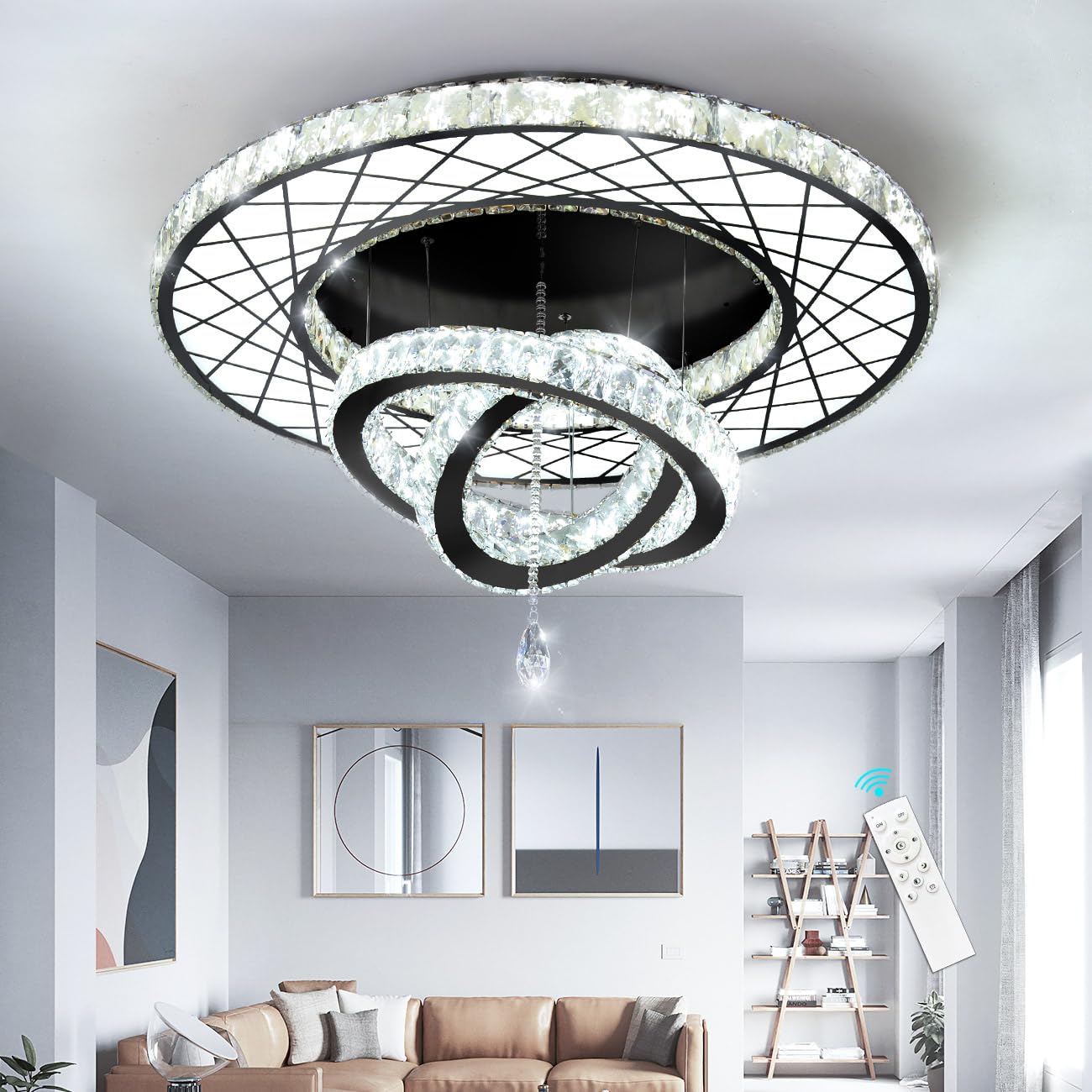 HAIXIANG Crystal Glam Chandelier LED Ceiling Light 24 Inch Black Stainless Steel Glass Model MMQ3831