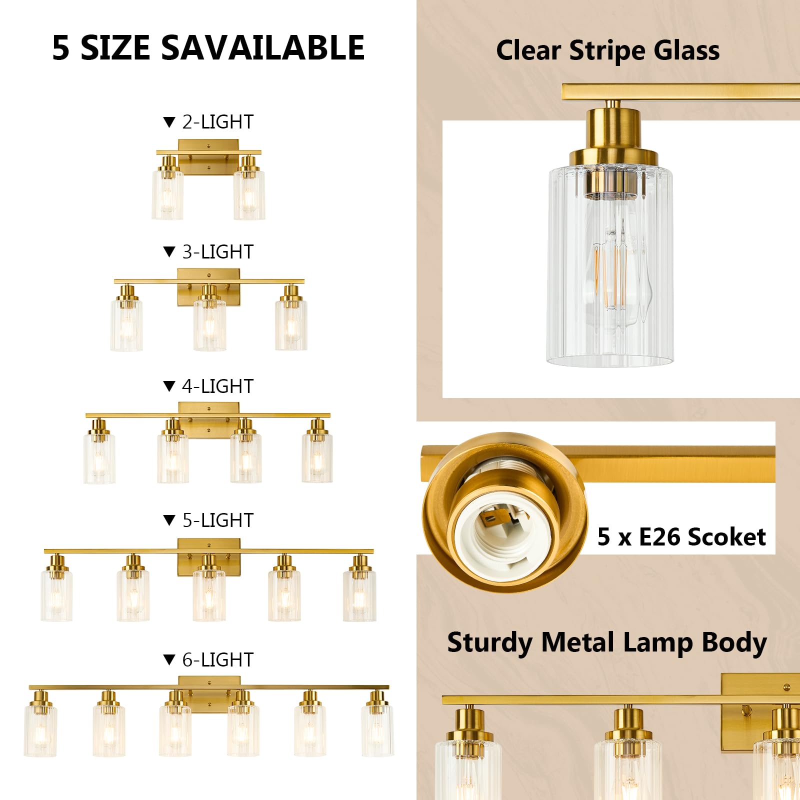 Jonsi 5-Light Brushed Gold Bathroom Vanity Light Fixture with Glass Shade, 40.2 Inch, E26 Wall Sconces for Bathroom and Hallway
