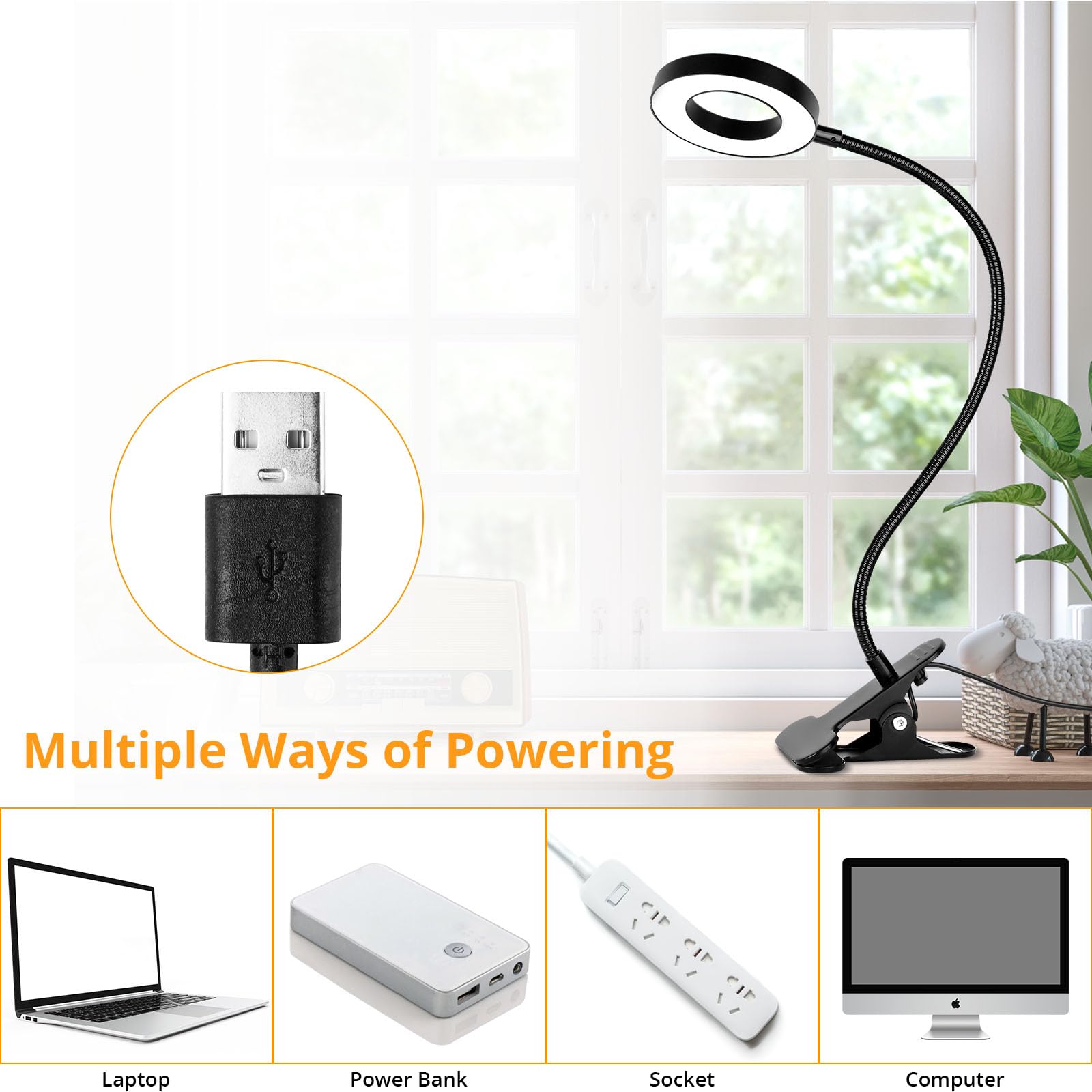Woputne Desk Clip On Lamp For Reading Home Office, 10 Dimmable Brightness 3 Modes, Clamp Light For Bed Headboard