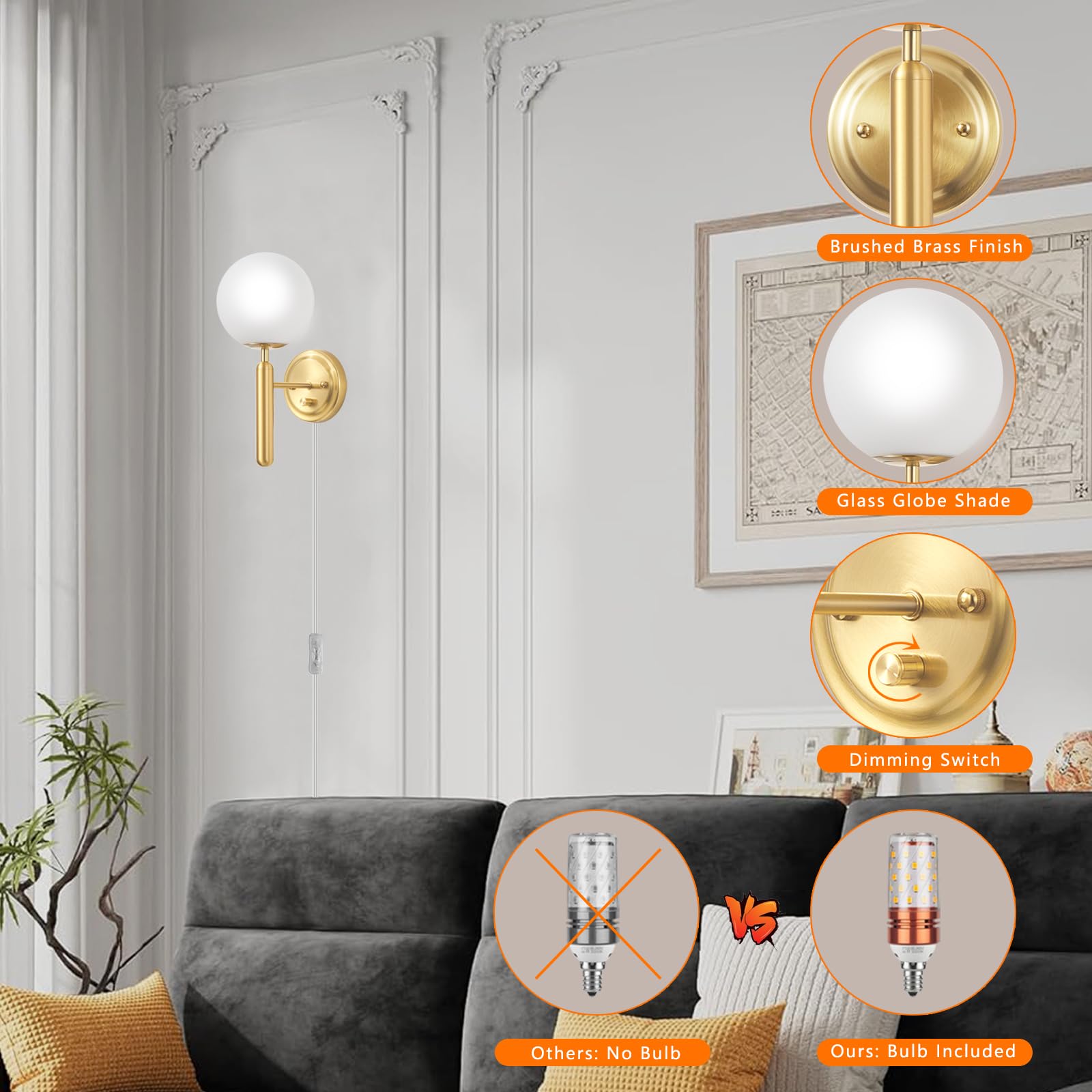Femusytt Dimmable Plug In Wall Sconces Set Of 2, Gold Plug In Wall Sconce With Glass Globe Mid Century Modern Corded Two Light Wall Lamp Decor For Bedroom Bedside Living Room(Bulb Included)