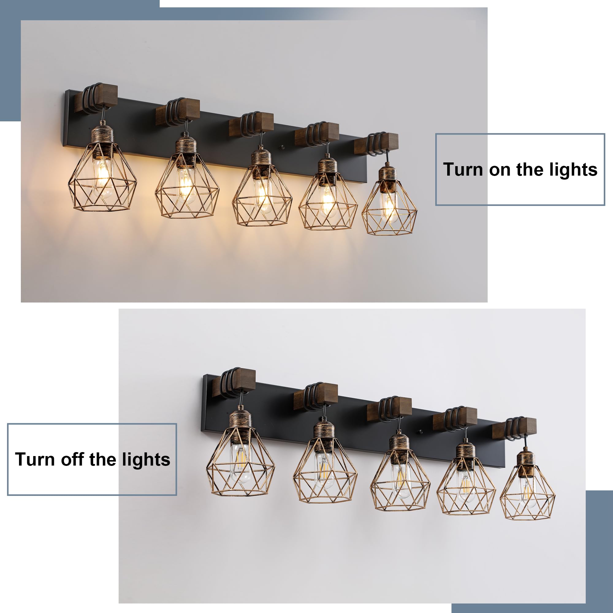Farmhouse Bathroom Light Fixtures, 5-Light Bathroom Lighting Fixtures Over Mirror, Rustic Wood Black Gold Vanity Lights Wall Sco