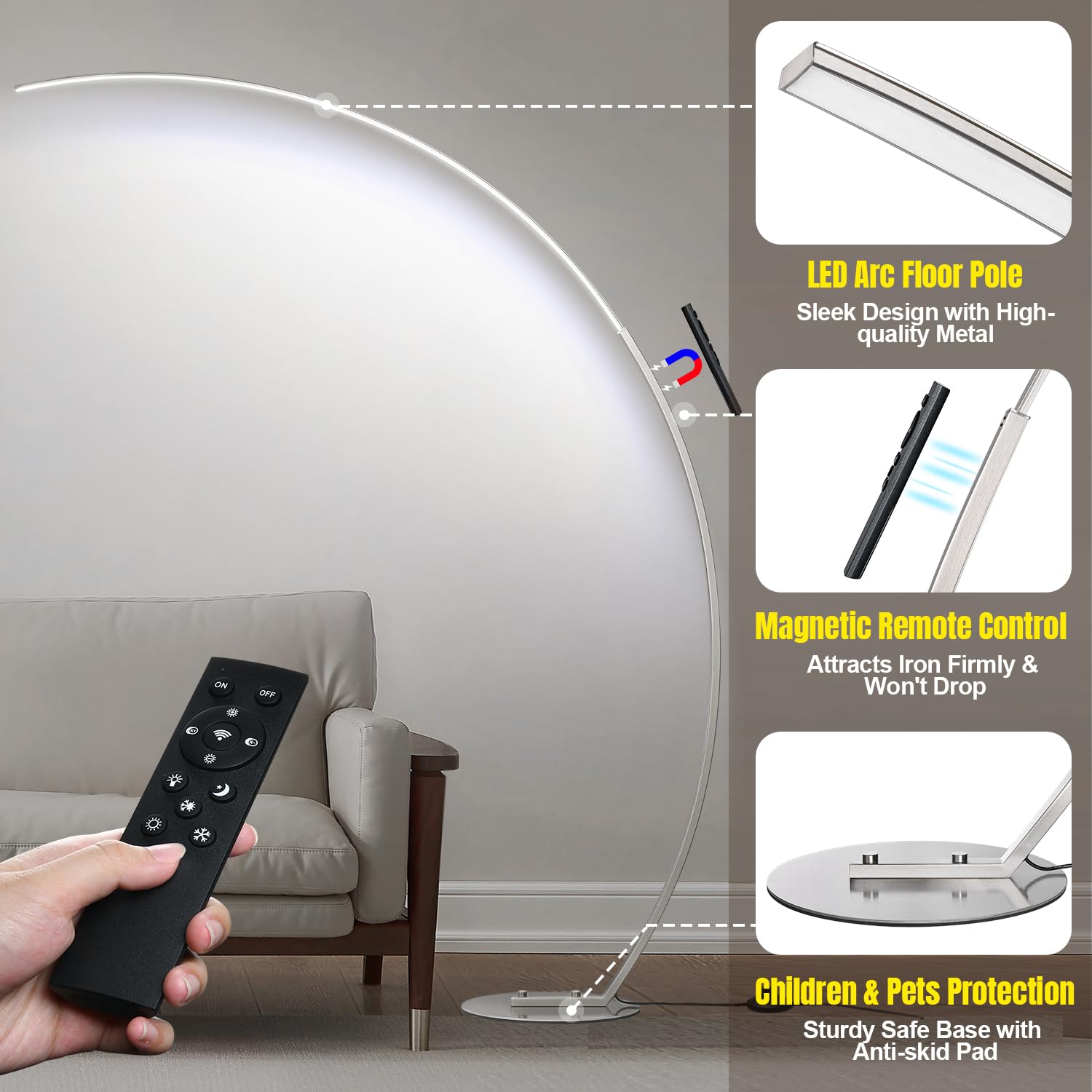 Dimmable Led Floor Lamp With 3 Color Temperatures, Ultra Bright 2000Lm Brushed Nickel Arc Floor Lamps For Living Room, Modern Ta