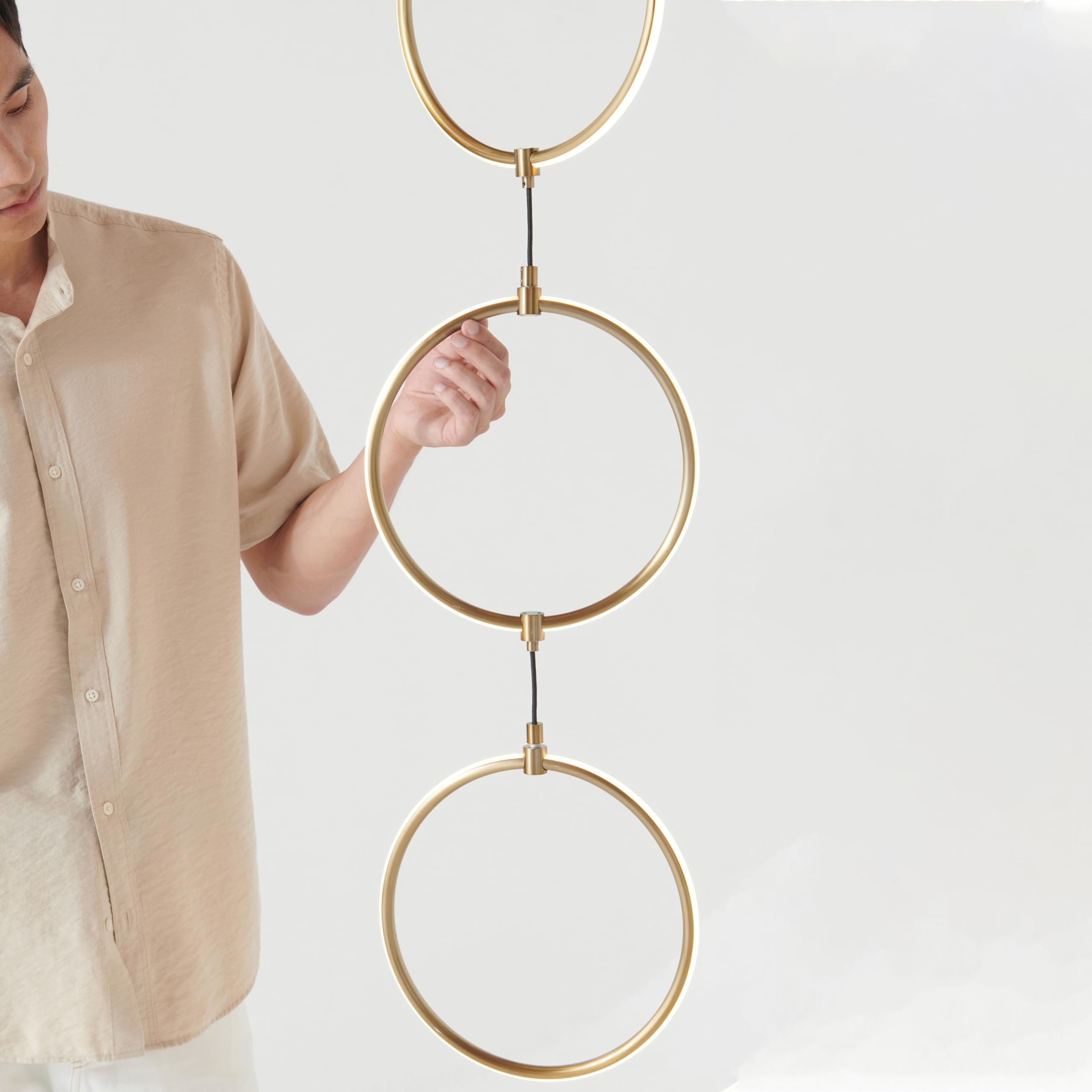 Brightech Nova Modern Floor Lamp - Brass Arc Lamp with 3-Circle Pendant - Contemporary Design for Living Room - Model FL-NVA-BRS