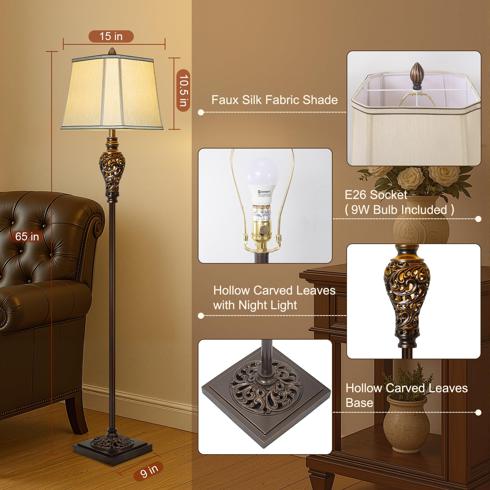 Vintage Floor Lamp With Night Light, 65'' Retro Standing Lamp With Brown Finish And Beige Faux Silk Shade, Farmhouse Industrial