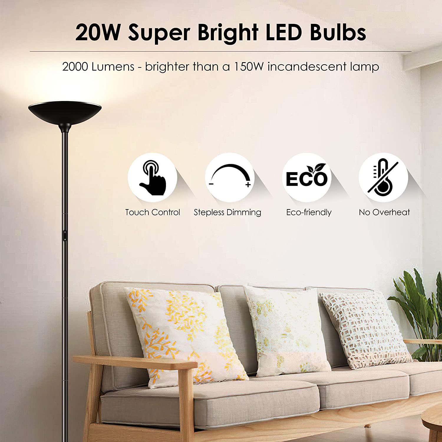 BoostArea LED Torchiere Floor Lamp, 20W 2000LM, Dimmable Touch Control, 3000K, Metal, Black, Model B0501