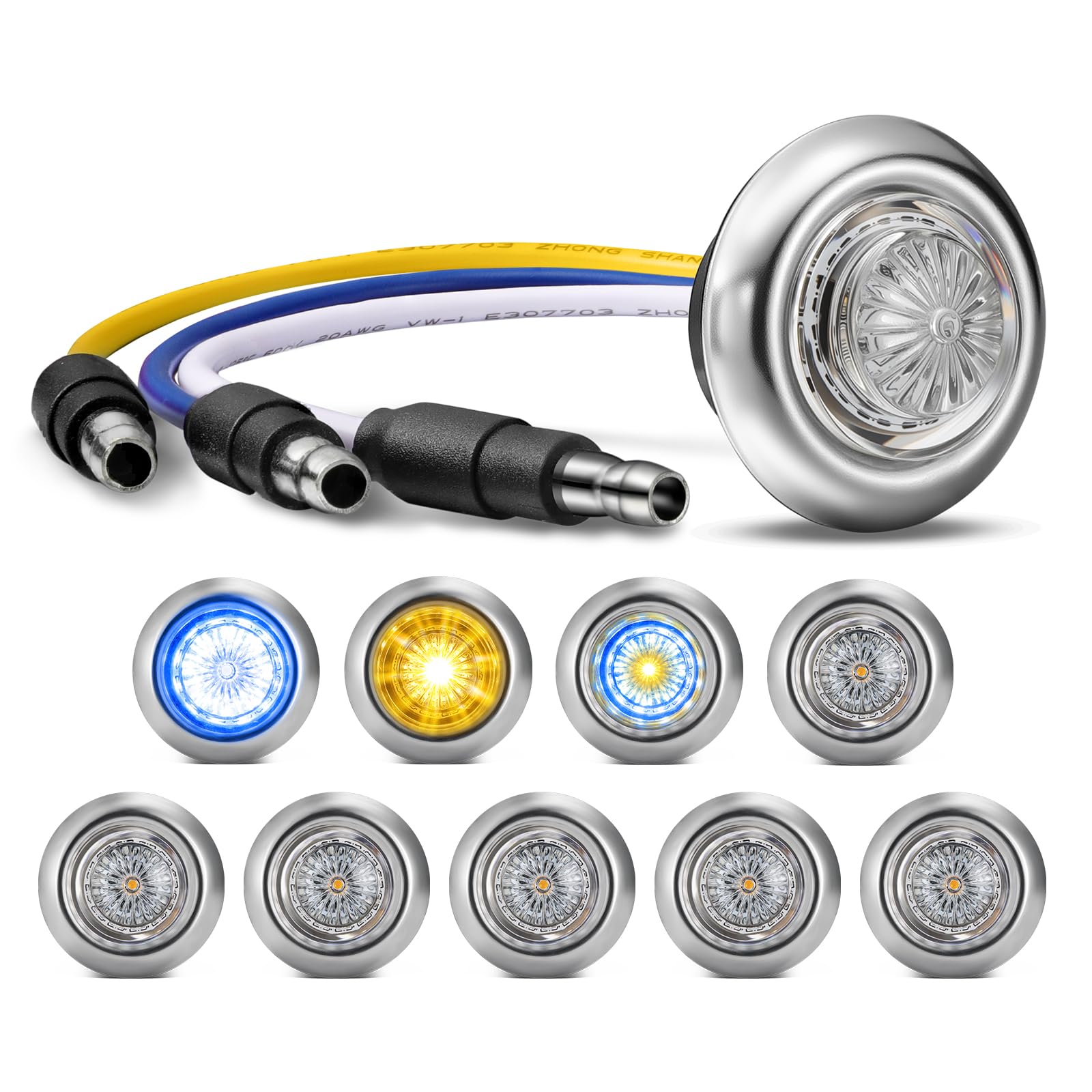 Partsam 10Pcs 3/4 Inch Blue to Amber Led Side Marker Lights with Trim Ring Bezel  Clear Lens Clearance Auxiliary Projectile Lights Indicator Penny Light for Trailer Truck RV Bus Waterproof
