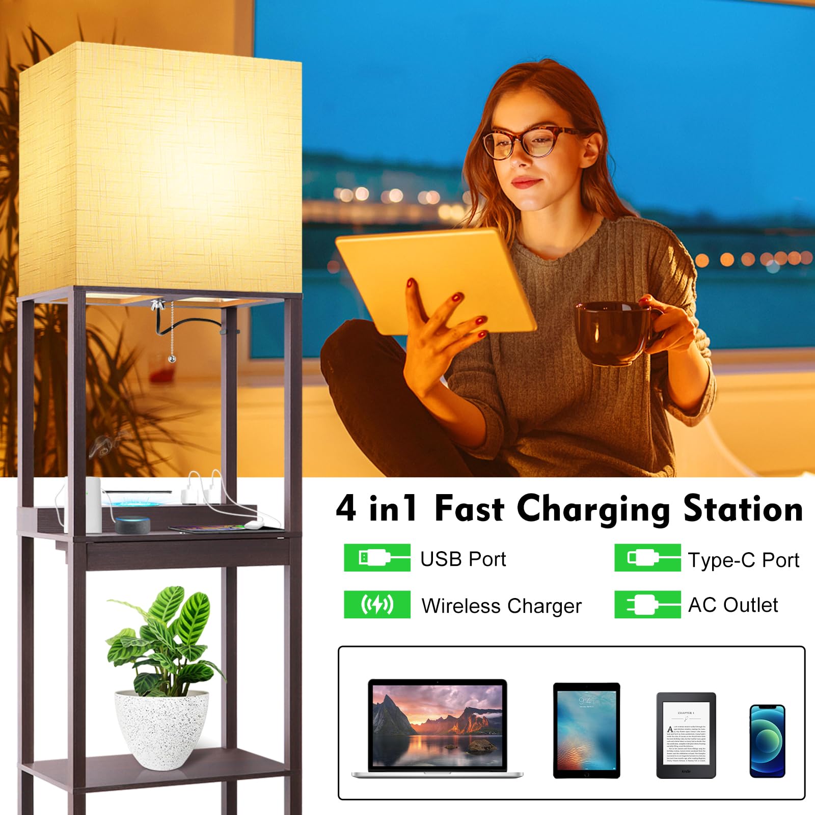 Runtop Floor Lamp With Shelves, Modern Standing Lamp With Wireless Charger, 1 Drawer And 2 Usb Ports & 2 Power Outlet, 15W Led B