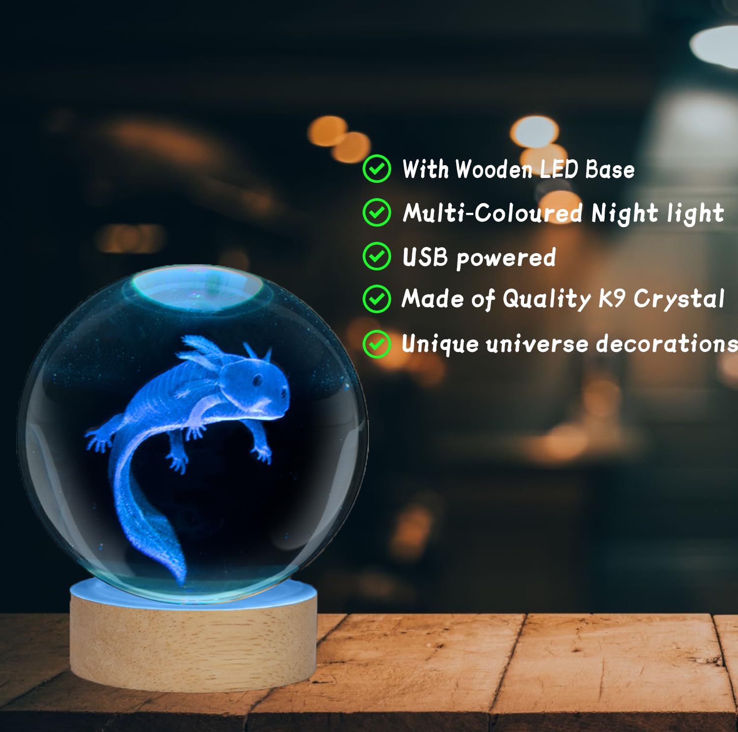 Culdetha Axolotl Lamp,3D K9 Axolotl Crystal Ball Lamp,3.15 Inch Glass Ball Axolotl Light,Gamepad Axolotl Lamp With Wooden Base,B