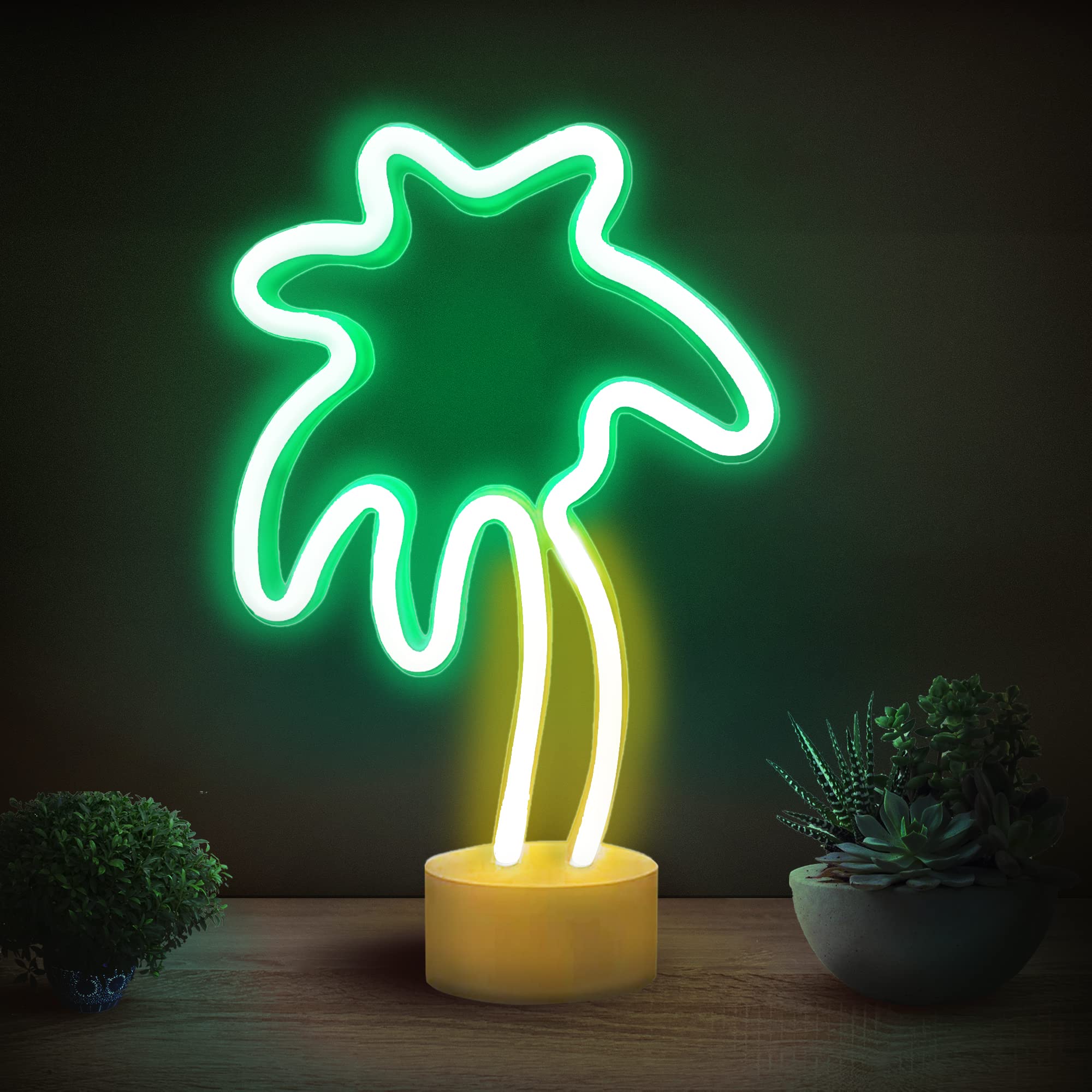 Lumoonosity Palm Tree Lights - Green & Yellow Palm Tree Neon Sign For Bedroom, Game Room - Battery/Usb Powered Coconut Trees Neo
