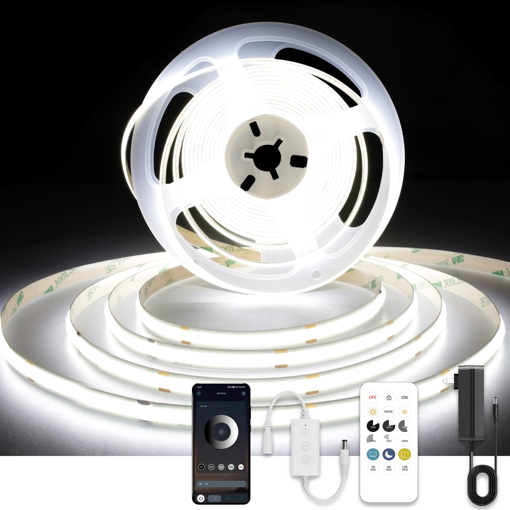 AXMOTUT COB LED Band Lights with Remote  24V 9.84ft White Dimmable LED Light Bands  High Bright 6000K LED Lights with Power Supply for Room  Kitchen  DIY Home Decoration