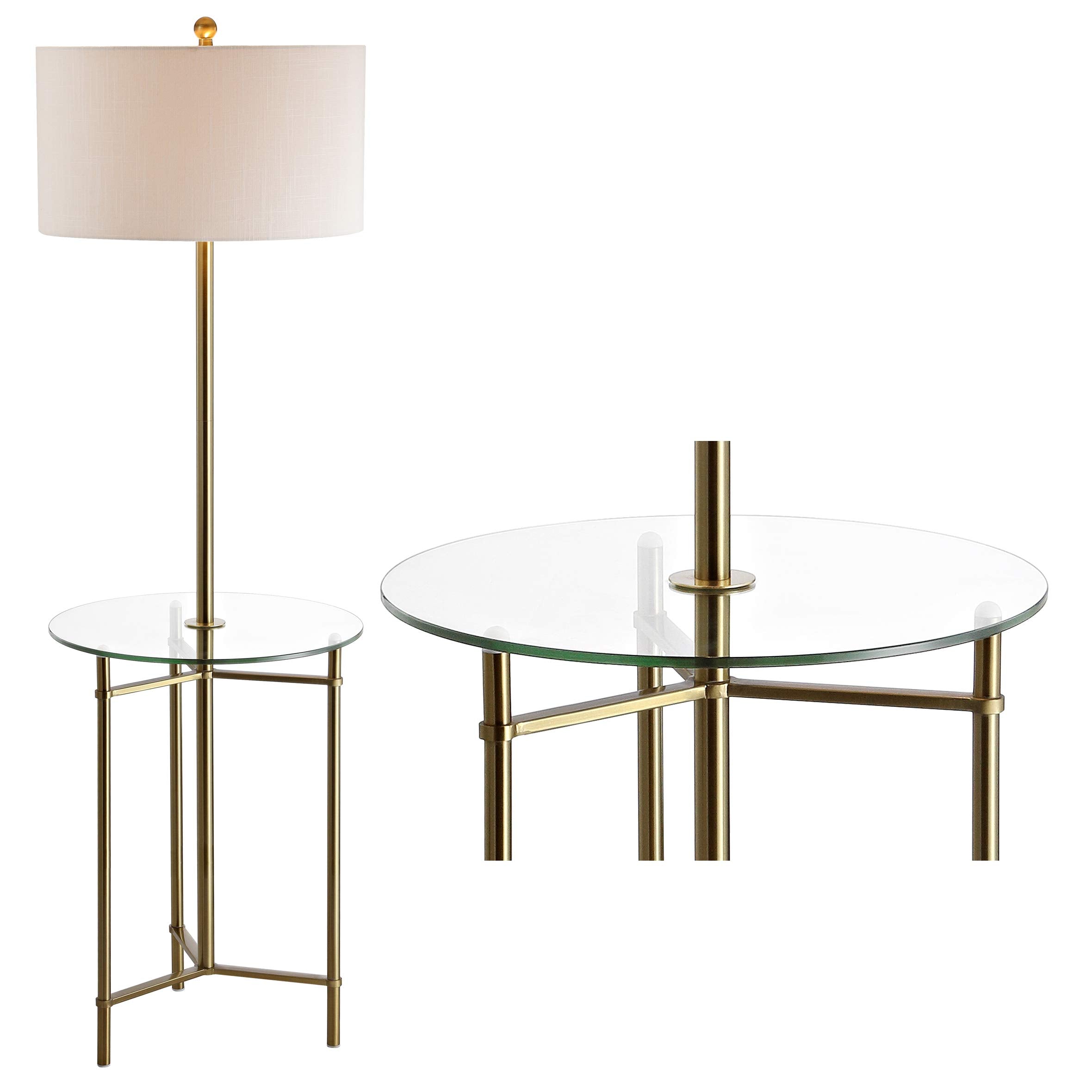 JONATHAN Y JYL3059A 59 Contemporary Floor Lamp with Glass Side Table  Brass Gold Metal Reading Lamp for Living Room  Bedroom  Chairside End Table Combo with White Linen Drum Shade  LED Bulb Included