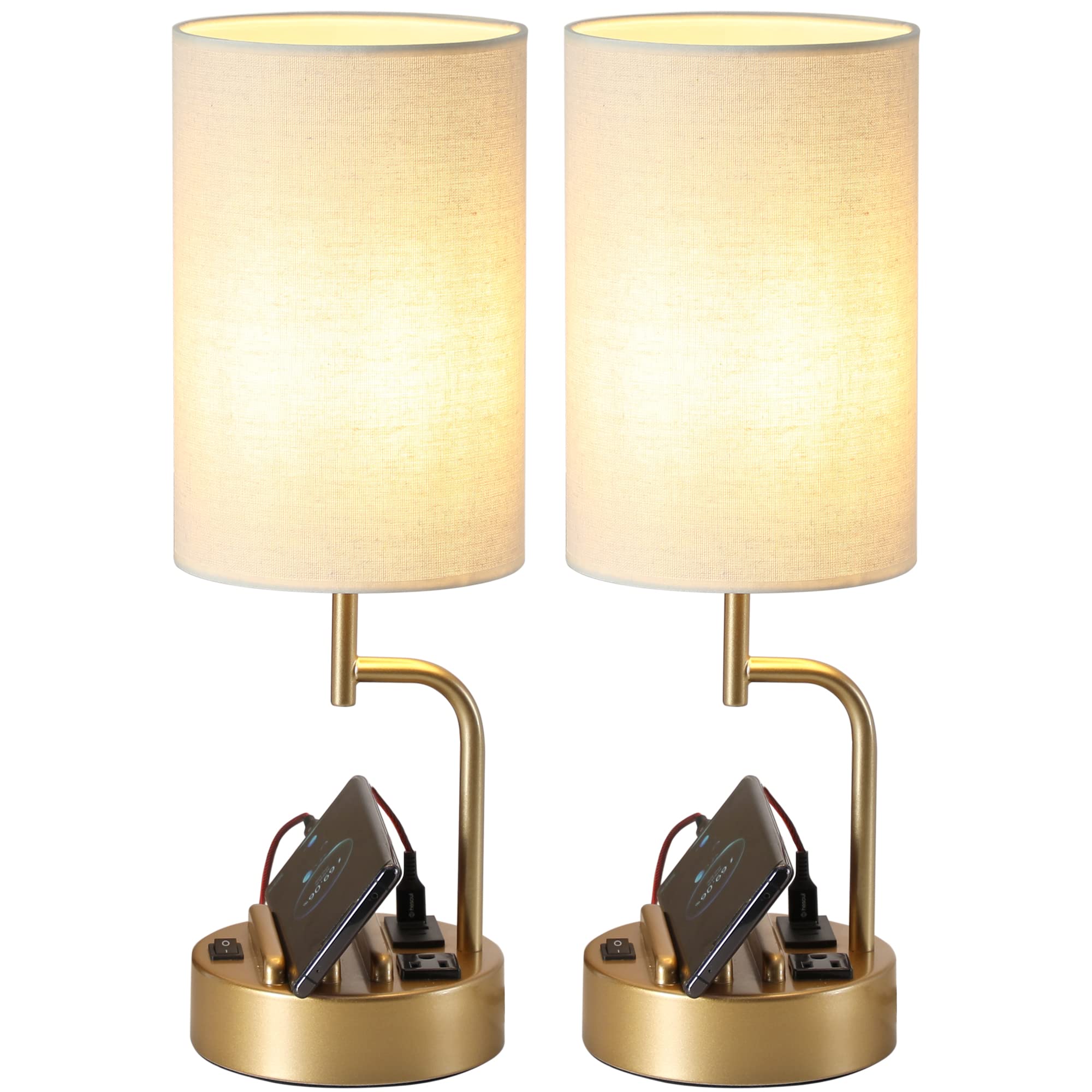 Dreamholder Table Lamp with 3 USB Ports and AC Outlet, Gold, Pack of 2