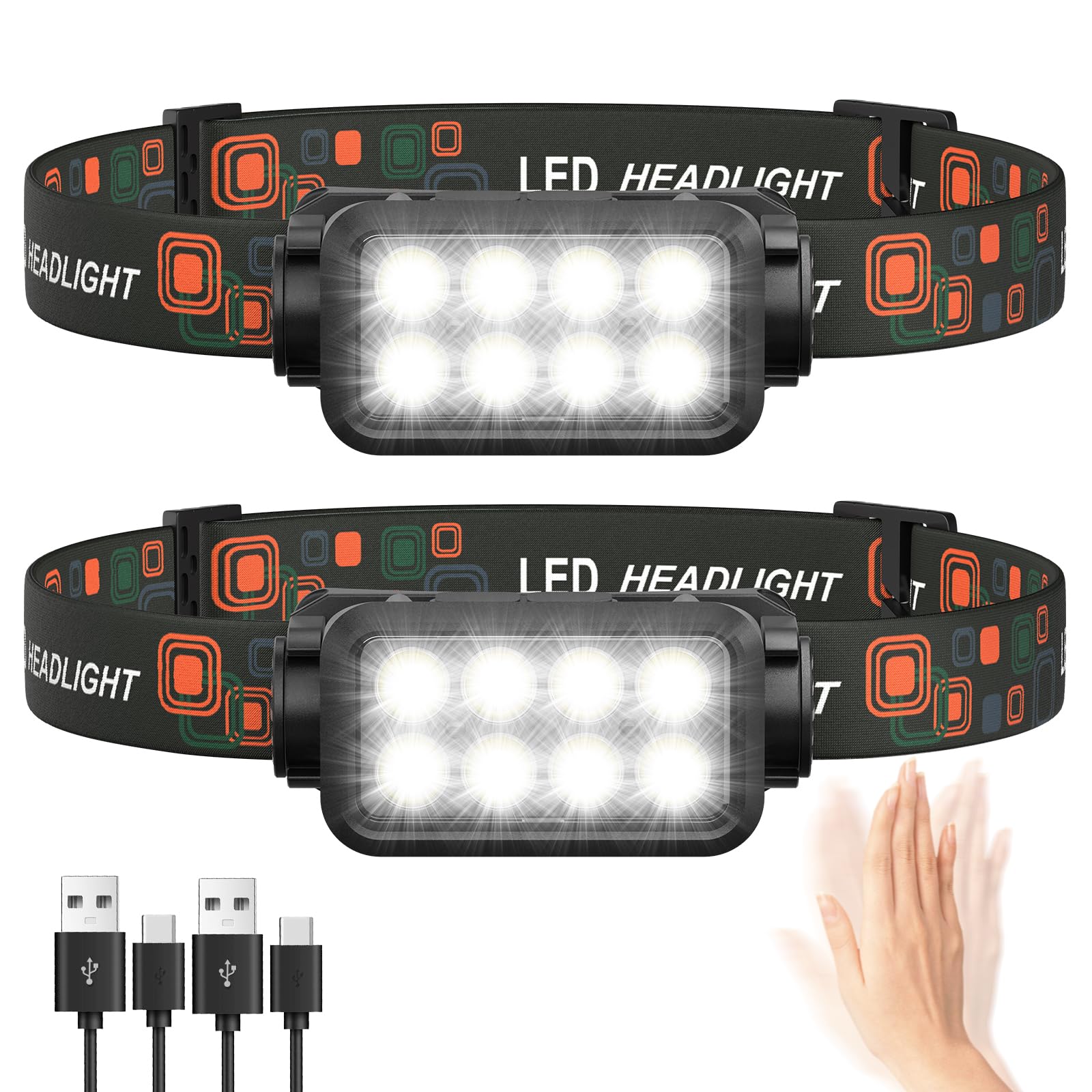 Rechargeable Headlamp Flashlight  8 Led 2500Lm Ultra-Light Bright Headlight With Motion Sensor  Waterproof Lightweight Head Lamp For mature-themed Kid  2-Pack Headlamps For Outdoor Camping Running Fishing