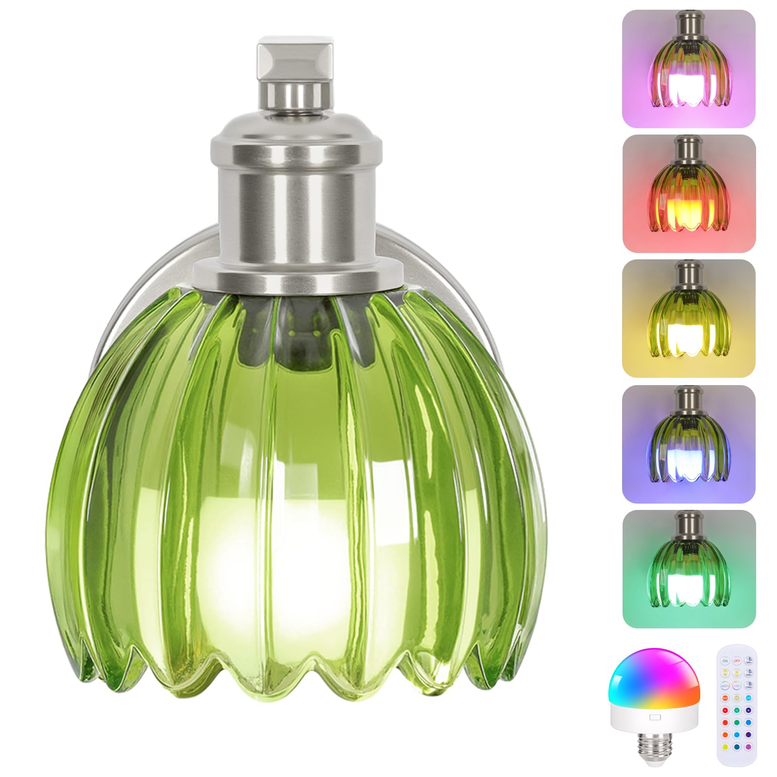 VerRon Rechargeable Wall Sconce with Remote Control, Green Glass Lampshade, 1-Pack, Brushed Nickel, Model B05092P