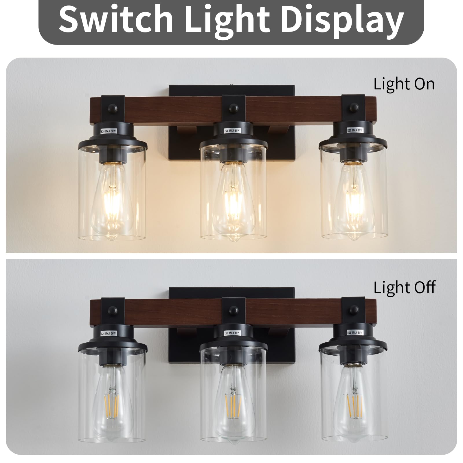 Aixialin 3-Light Wood Bathroom Vanity Light, Rustic Black & Wooden Iron Sconces, Model 600-100-1090