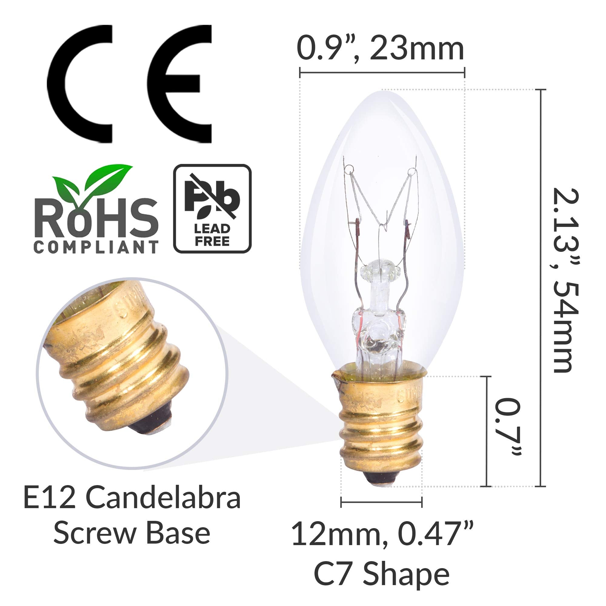 Simba Lighting C7 4W Replacement Bulb (6 Pack) For Night Light, Clear Candle Shape, 120V, E12 Candelabra Base, Dimmable, 2700K W