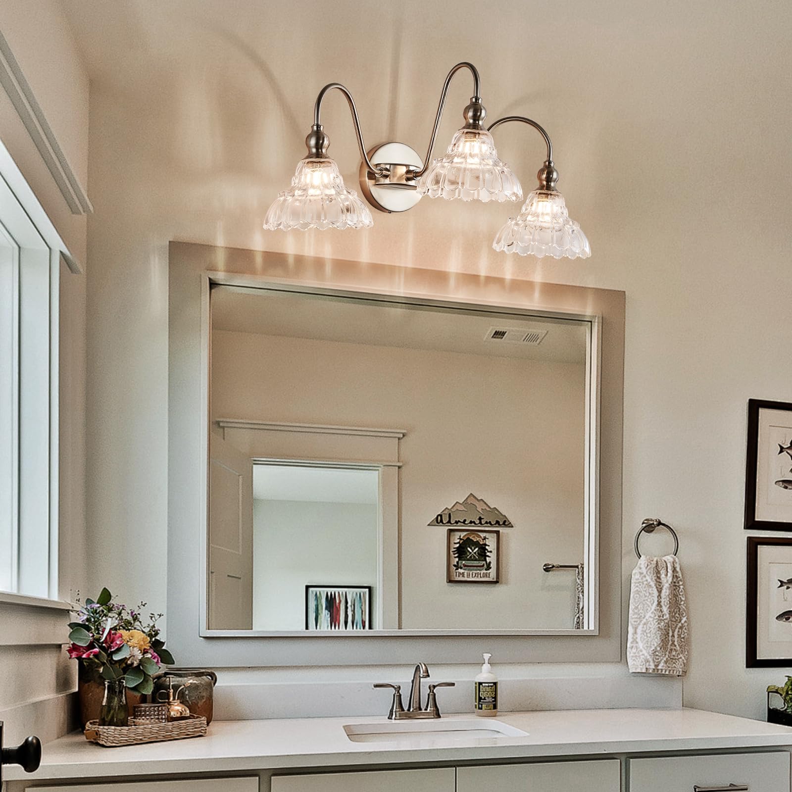 Tlolgt 3-Light Brushed Nickel Bathroom Vanity Light Fixtures Vintage Bathroom Light Vanity Lighting Fixtures For Living Room Over Mirror