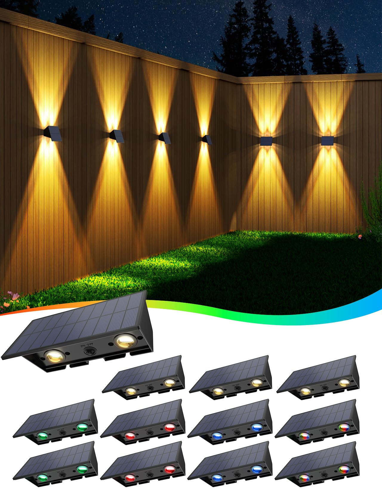 Solar Fence Lights,12 Pack Solar Lights Outdoor Warm White + RGB Up & Down Solar Wall Lights Waterproof 100 Lumens Dusk to Dawn 