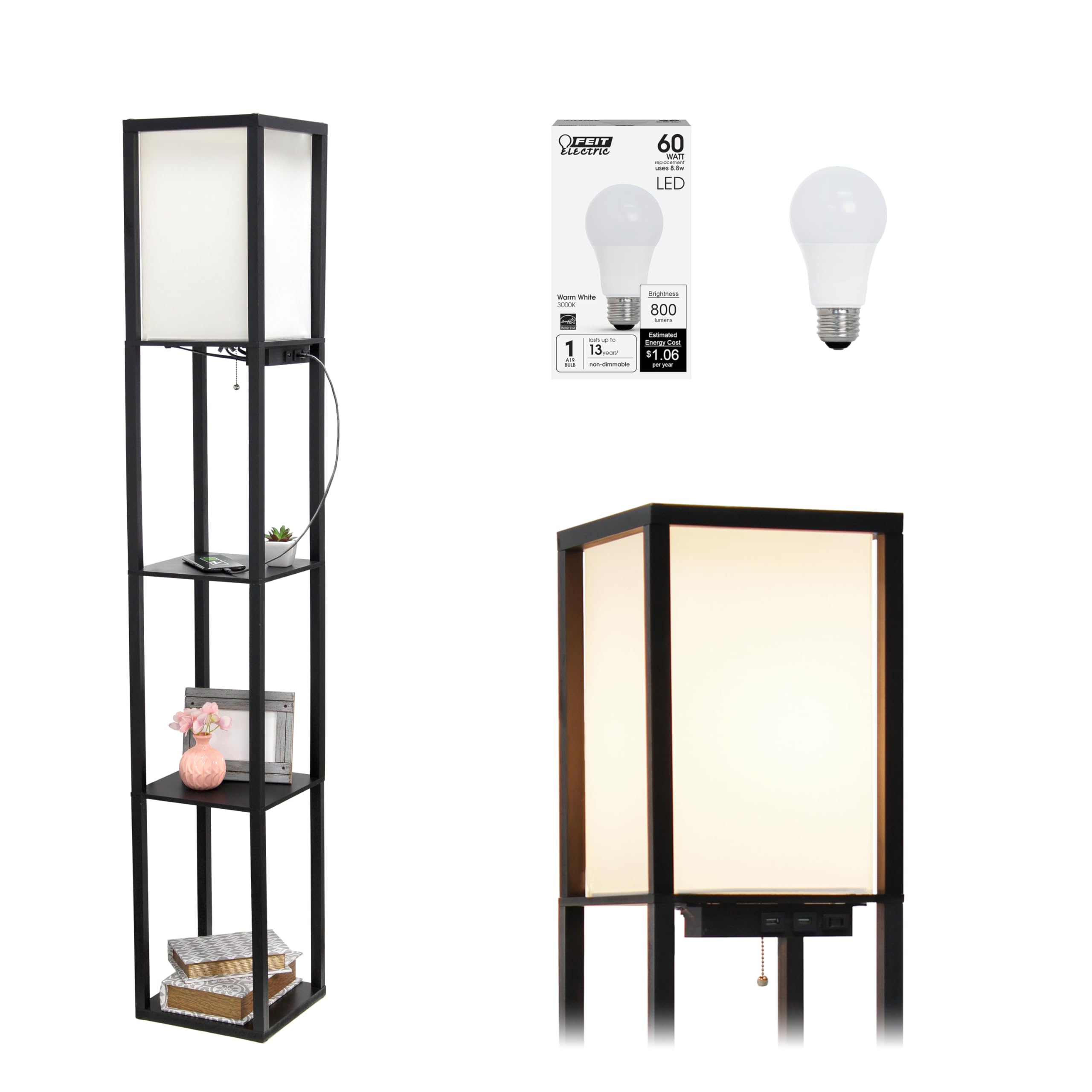 Simple Designs Lf1037-Blk-Lb Three Shelf Etagere Organizer Storage Floor Lamp With 2 Dual Usb Ports And Charging Outlet, Black, 