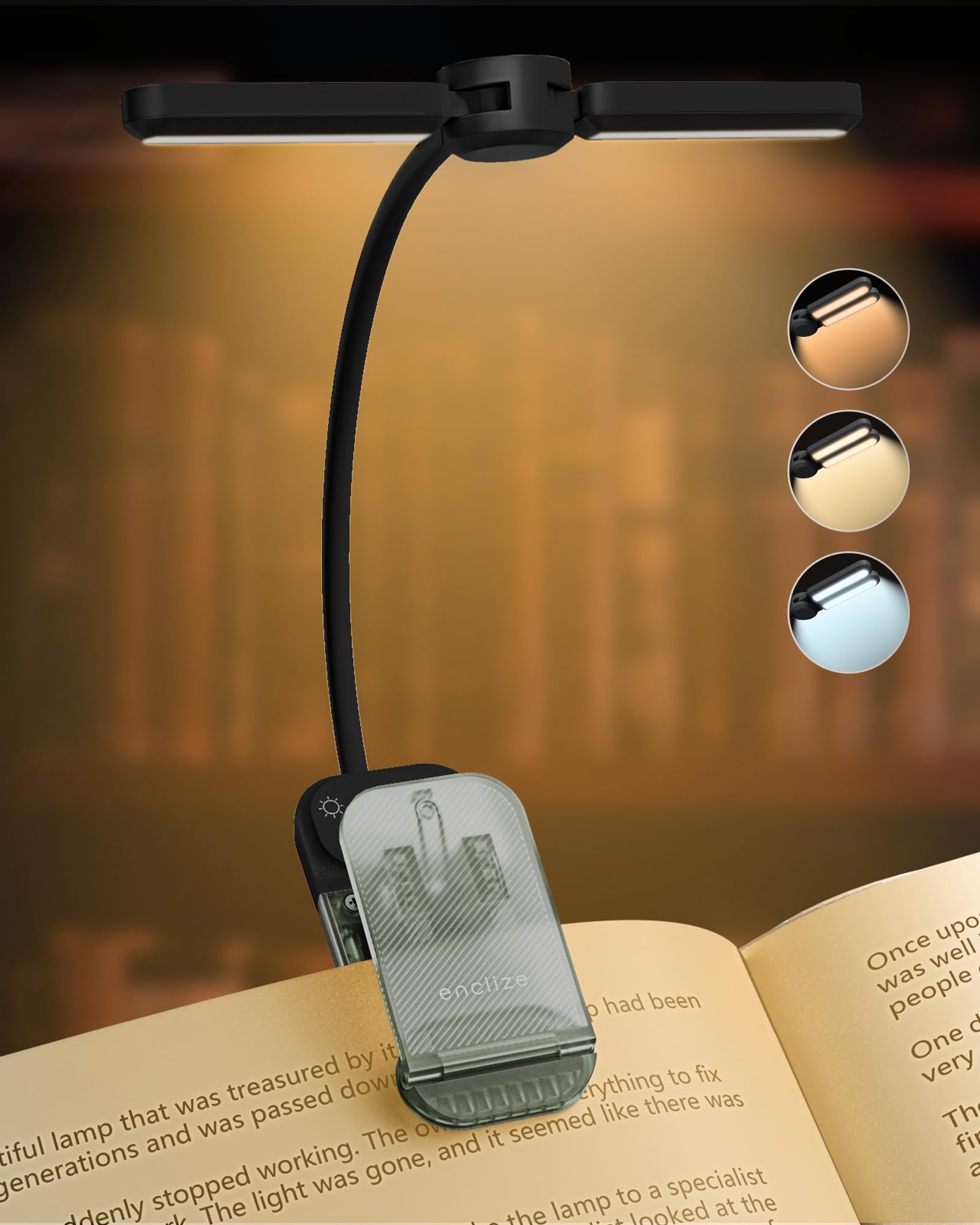 Enclize LED Reading Light, Rechargeable Book Light for Night Reading, 180 Adjustable Lighthead - Stepless 3 Color & Brightness,