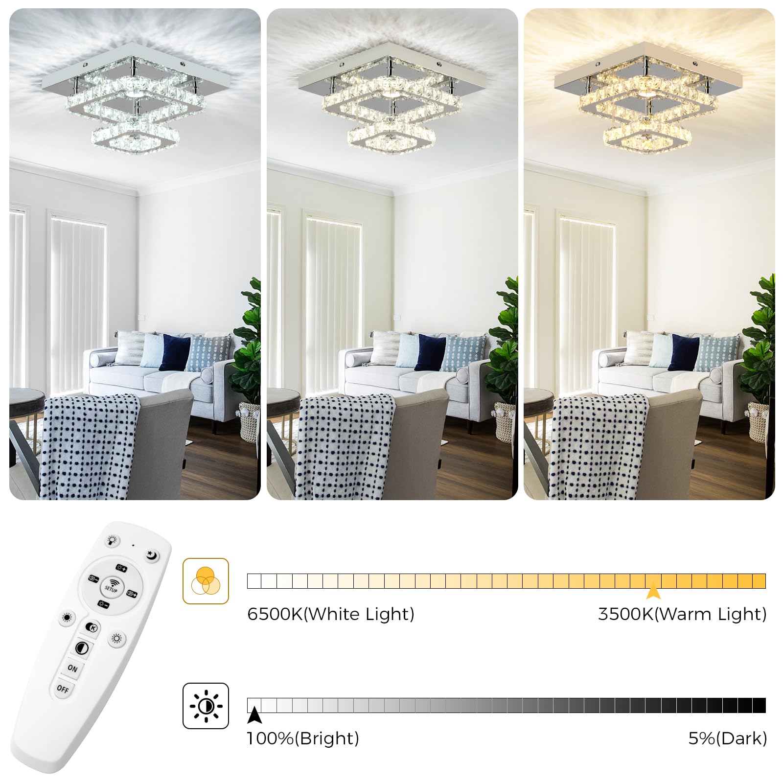 Rheafon 9.8 Inch Modern Crystal Chandeliers Dimmable Led Crystal Ceiling Light Fixtures Square Flush Mount Ceiling Chandelier Li