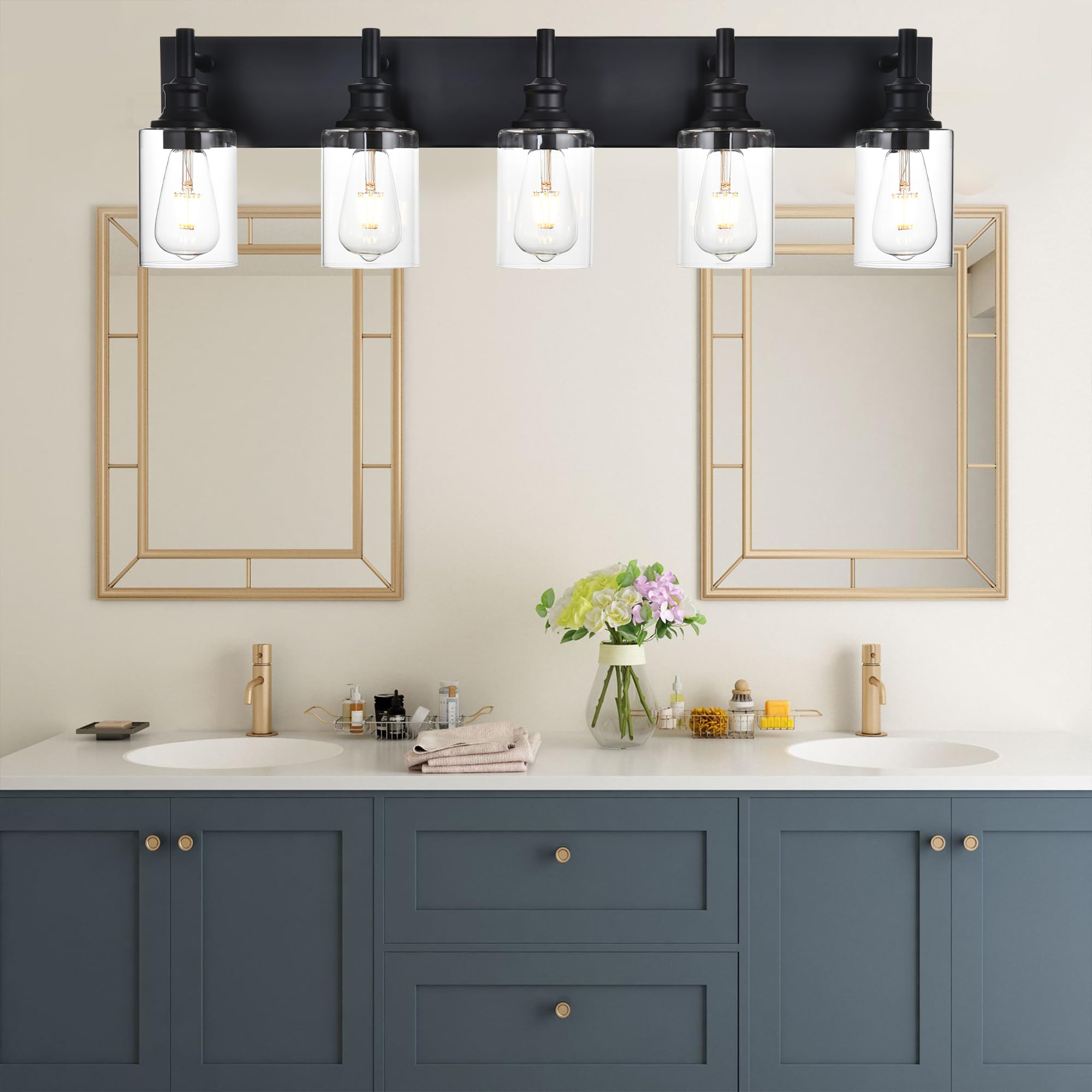 Wanluce 5 Light Bathroom Vanity Light Matte Black Bathroom Lighting Fixture Over Mirror with Clear Glass Vanity Lights for Bathr