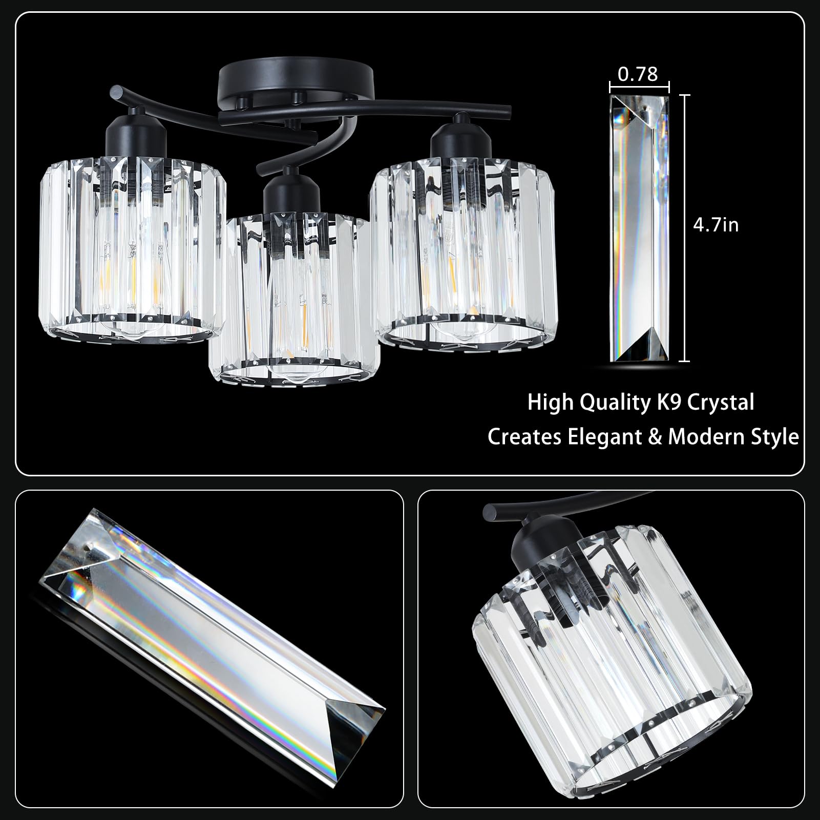 Crystal Semi Flush Mount Ceiling Light 3-Light Black Close To Ceiling Light Fixtures Kitchen Light Fixture With Clear Crystal Shades Hallway Light Fixtures For Kitchen Entryway Bedroom Bathroom