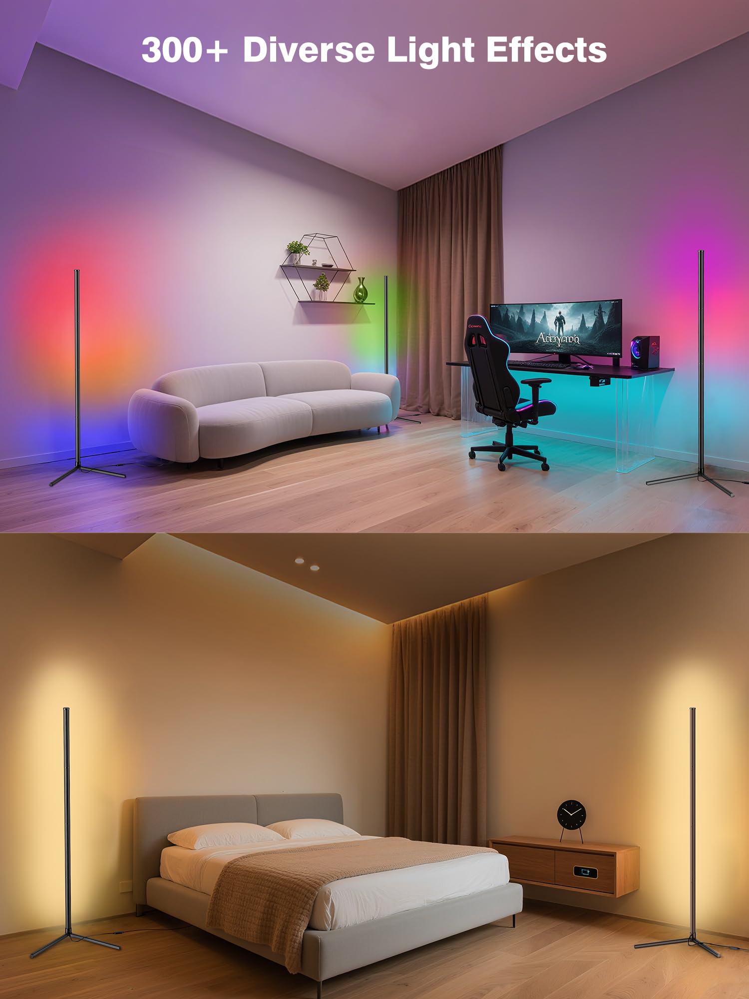 2Pack Corner Floor Lamp, Modern Led Corner Lamp With Ac Adapter & App & Remote Control, 16 Million Colors, 68+ Scene Modes, Musi