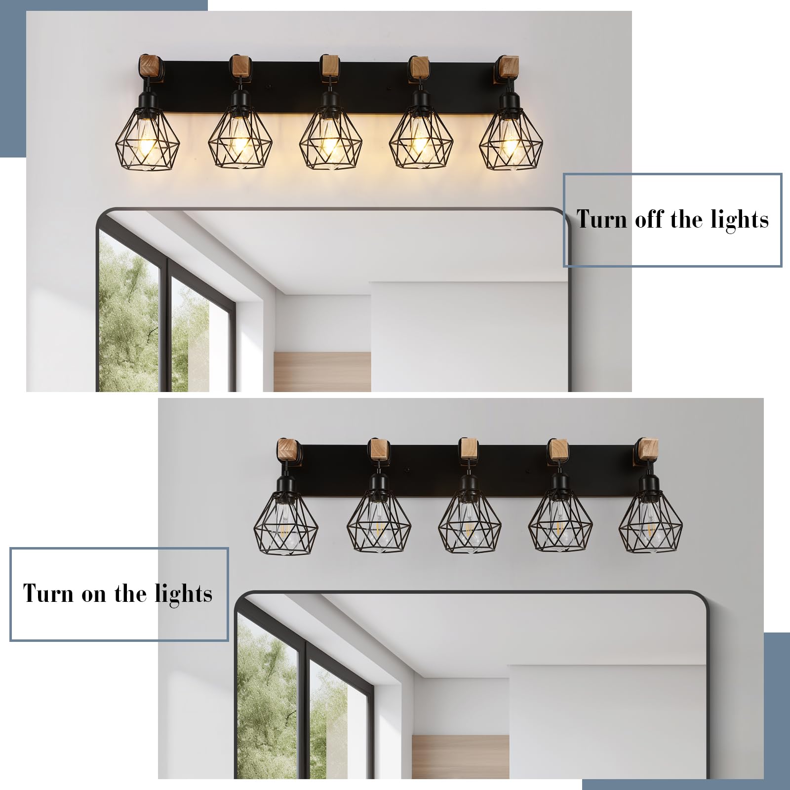 Farmhouse Vanity Light For Bathroom, 5-Light Wood Bathroom Vanity Light Fixtures Over Mirror, Rustic Sconces Wall Lighting With