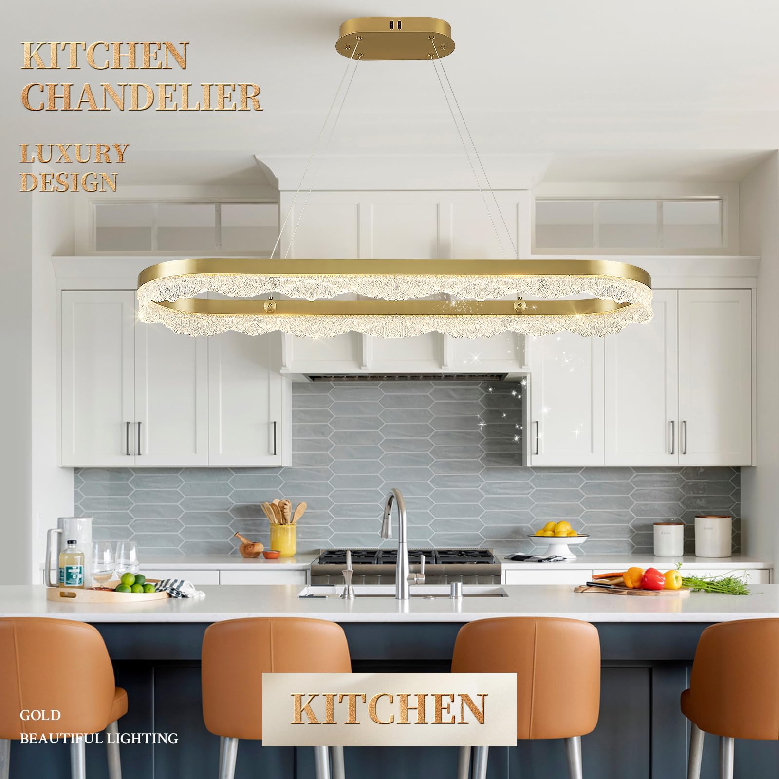 Sparklelf Modern Gold Chandelier L39.4? Luxury Rectangular Led Chandelier For Dining Room Luxury Dimmable Flush Mount Pendant Li