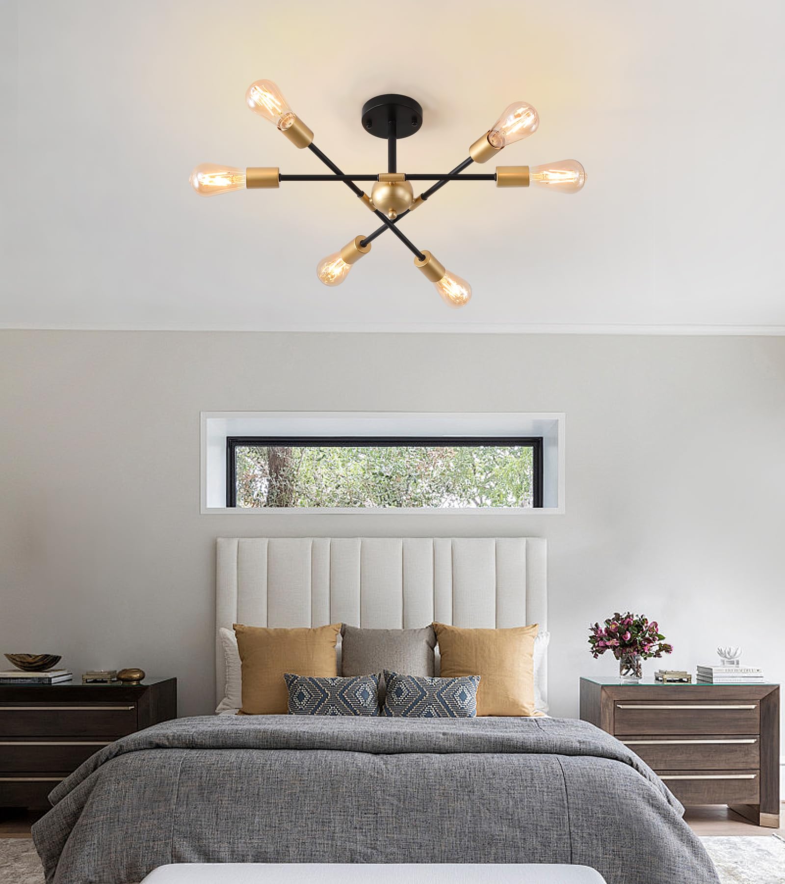 MEIXISUE 6-Light Sputnik Chandelier - Modern Black and Gold Semi Flush Mount Ceiling Light Fixture for Hallway, Bedroom, Kitchen, Dining Room
