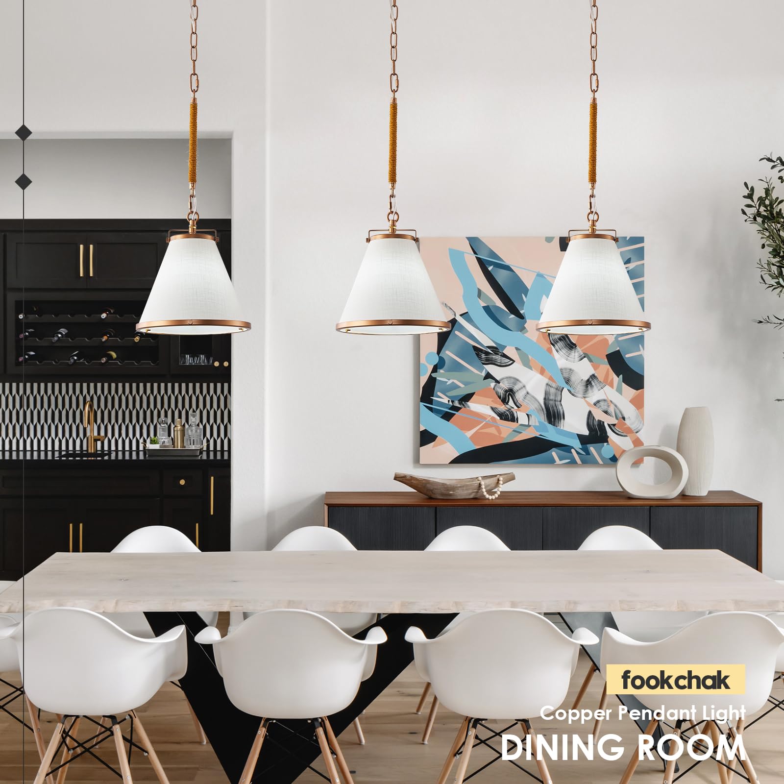 Fookchak 3-Pack Vintage Brass Kitchen Pendant Lighting Over Island White Linen Pendant Light 10In Copper Pendant Lighting With Hemp Rope Rod Entryway Ceiling Hanging Light For Dining Room