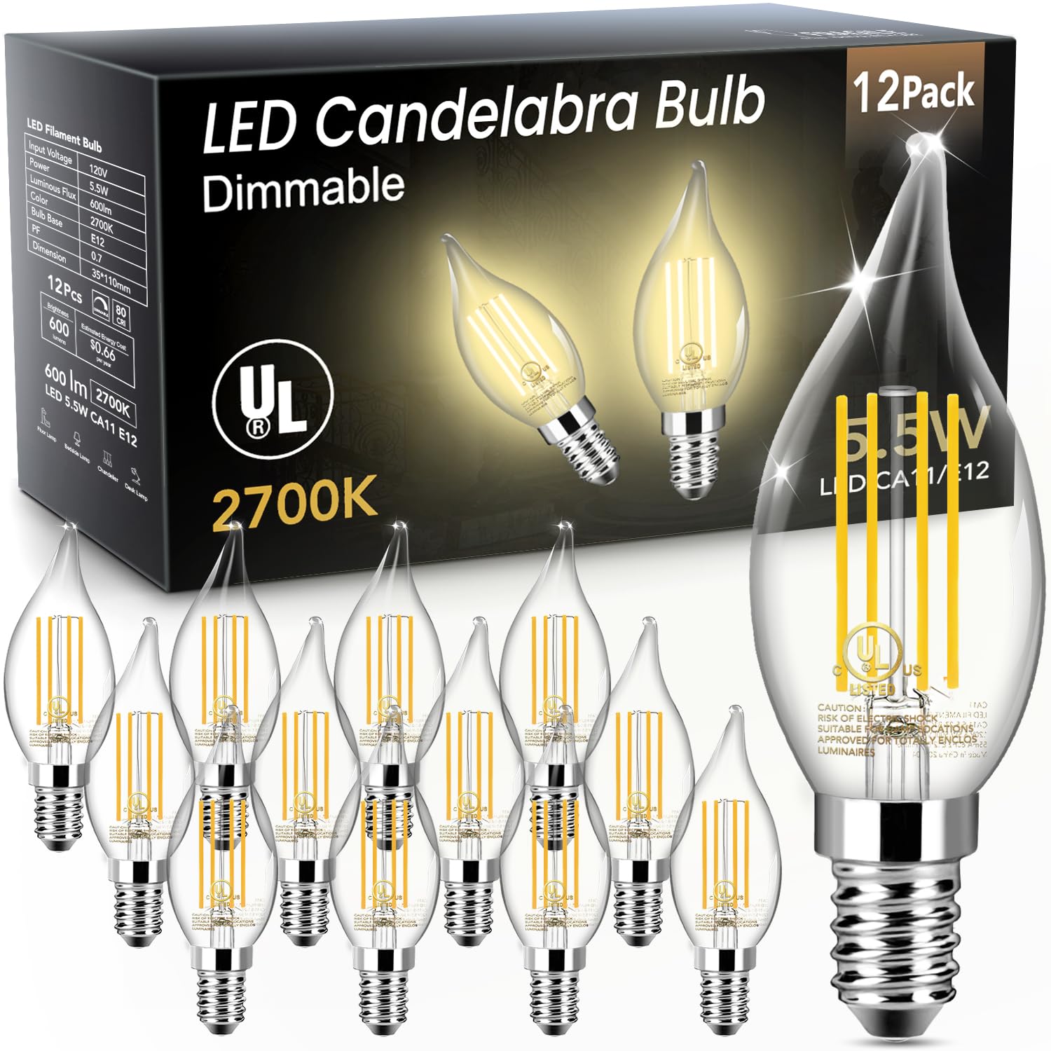 TJOY E12 LED Candelabra Bulb Dimmable, 60W Equivalent LED Chandelier Light Bulbs, 5.5W 2700K Soft Warm White 600LM CA11 Flame Tip Vintage Filament Candle Light, 12 Pack