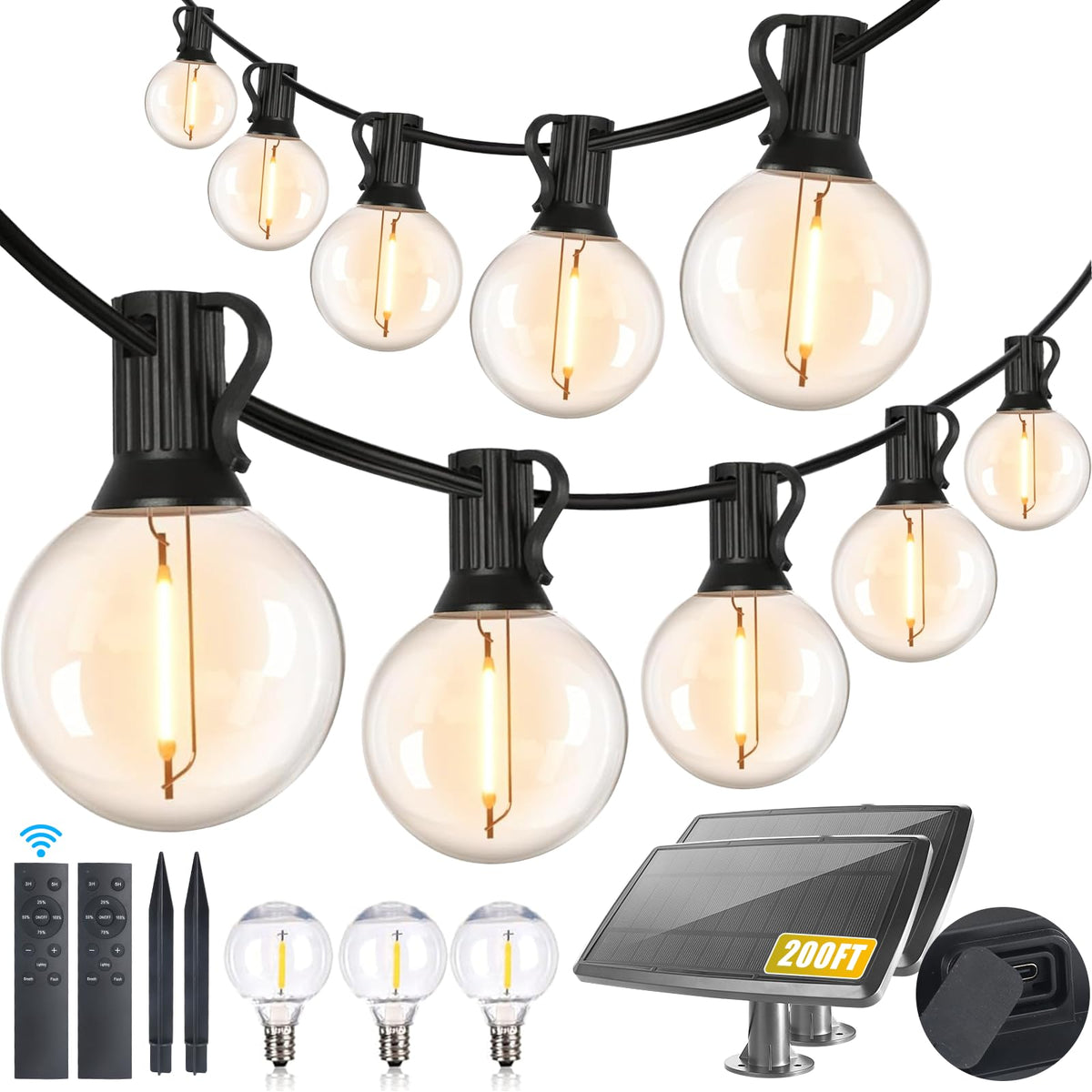 200FT Solar String Lights Outdoor Waterproof with Remote,G40 Solar Powered String Lights with 60+3 LED Shatterproof Bulbs, Dimma