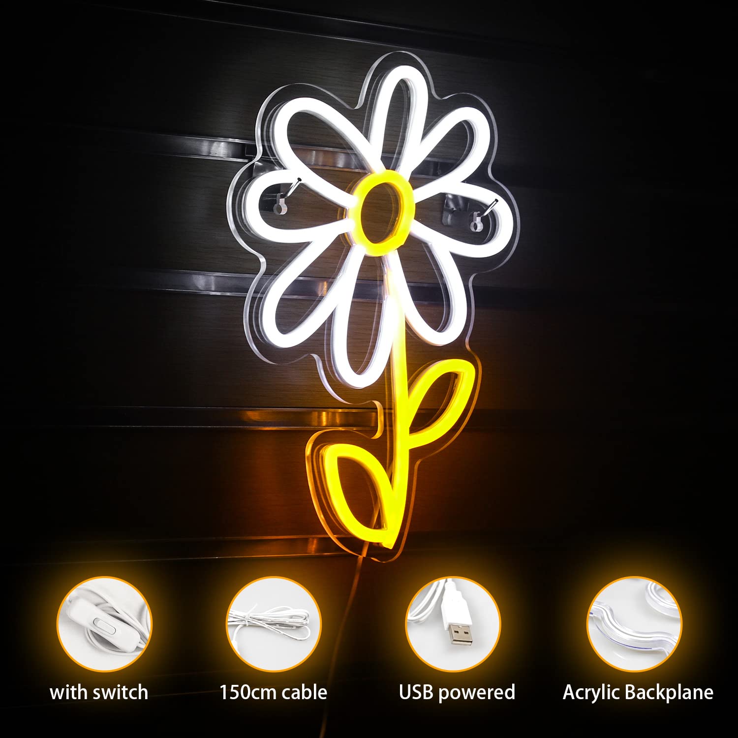 ineonlife Daisy Flower Neon Sign - LED Wall Decor for Bedroom, USB Powered, Acrylic, White Gold