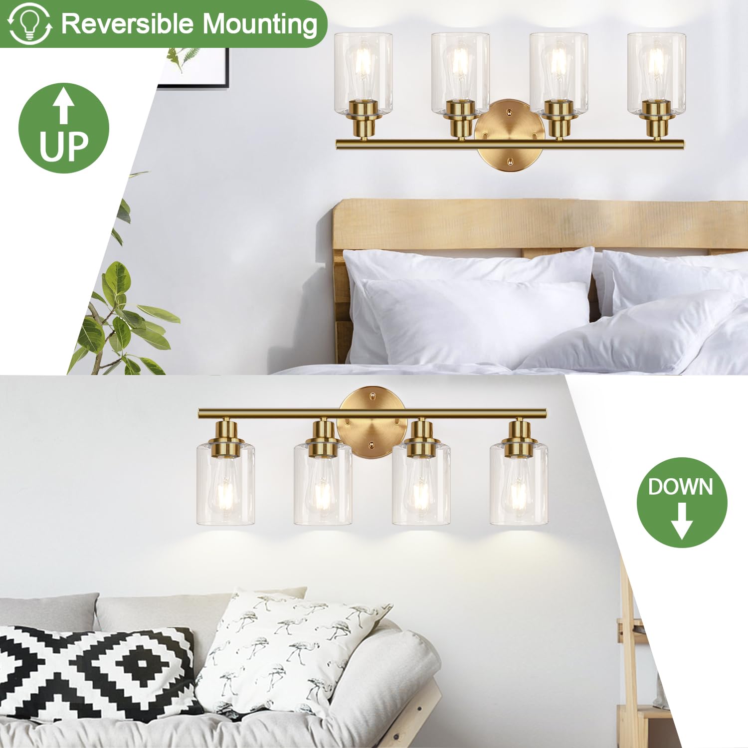 4-Light Bathroom Light Fixtures, Brushed Gold Modern Vanity Lights Over Mirror With Clear Glass Shade, Bathroom Wall Lamp For Mi