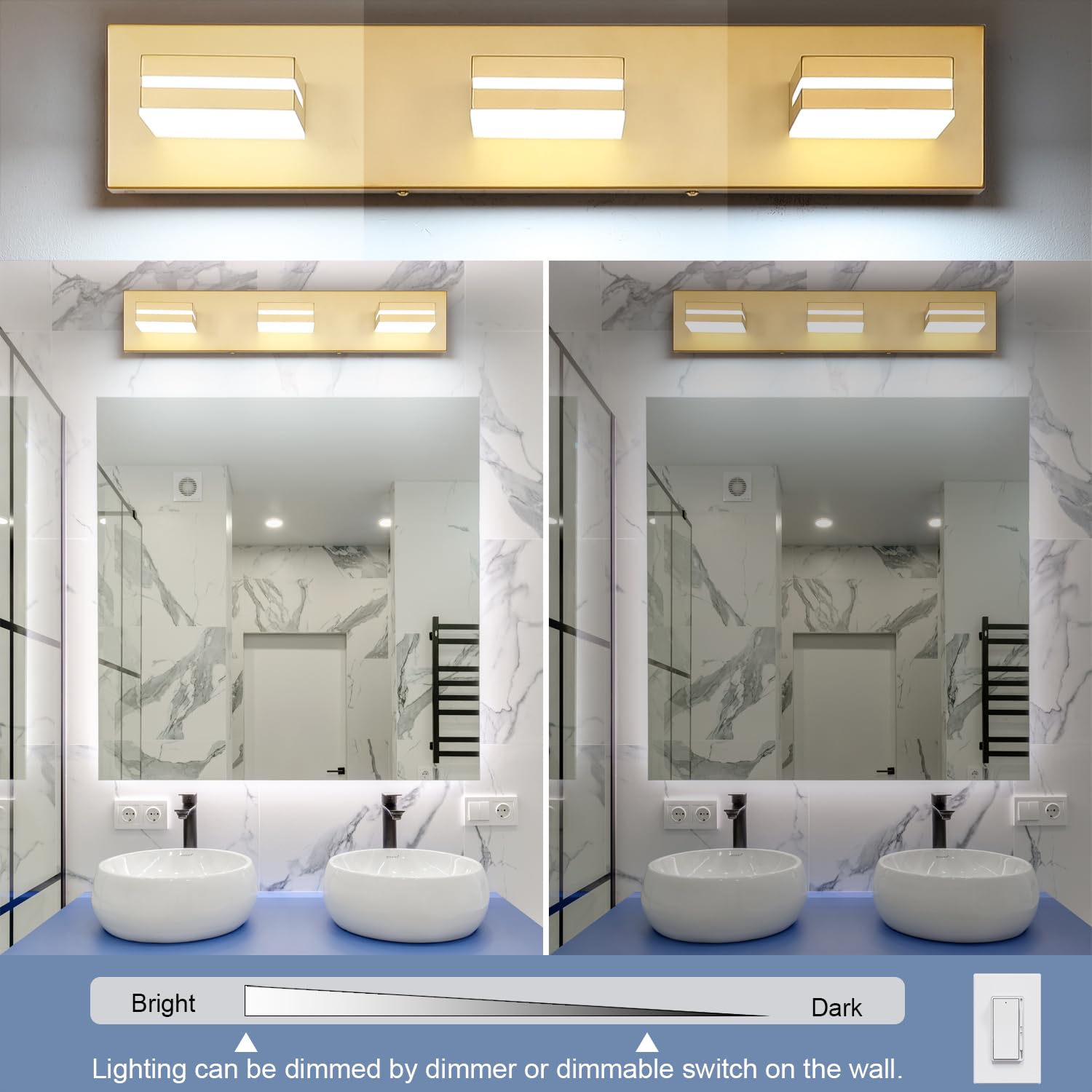 SineRise 3-Light LED Bathroom Vanity Light Fixture, Dimmable, Matte Gold, 24-Inch, Acrylic, Model H0001-32