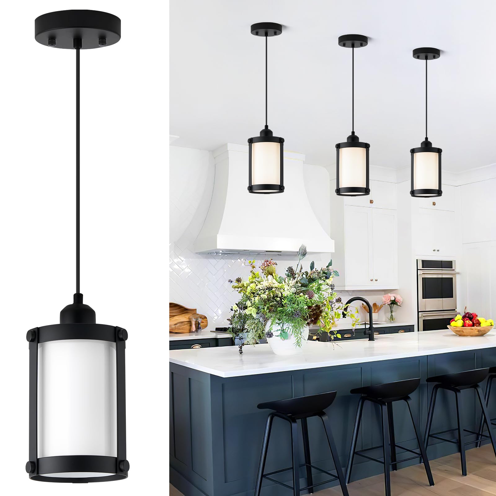 Osimir Black Pendant Lights Kitchen Island, 1-Light Modern Mini Hanging Light Fixtures with Milk Glass, Farmhouse Kitchen Pendan