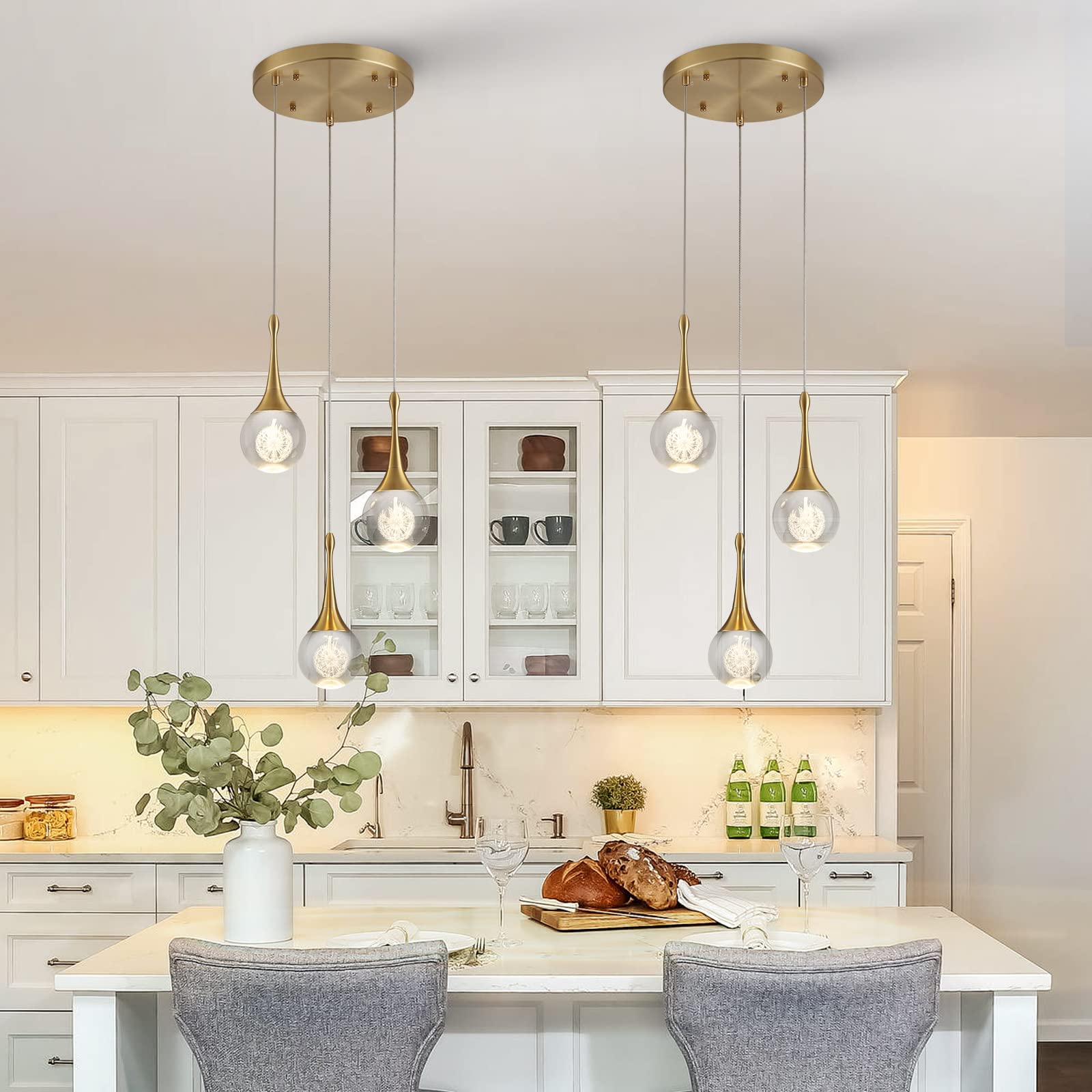Airyphant 3 Light Gold Pendant Lighting, 15W Modern Dimmable Led Teardrop Crystal Chandelier Cluster Pendant Light For Kitchen I