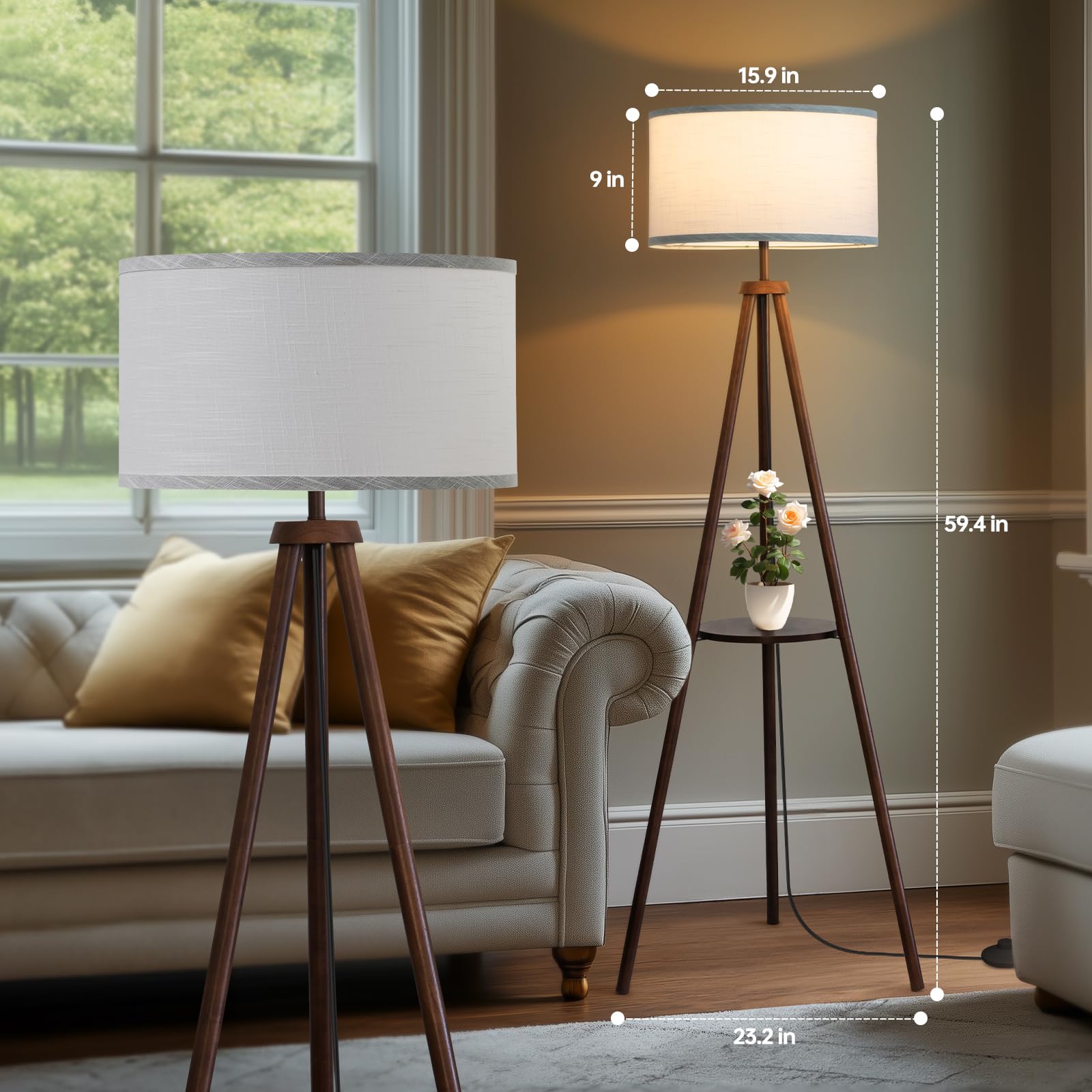 Eoeyyoyb Floor Lamp With 3 Light Modes Adjustable- Wood Tripod Floor Lamp Modern Led Standing Lamps With Dimmable Brightness, Pe
