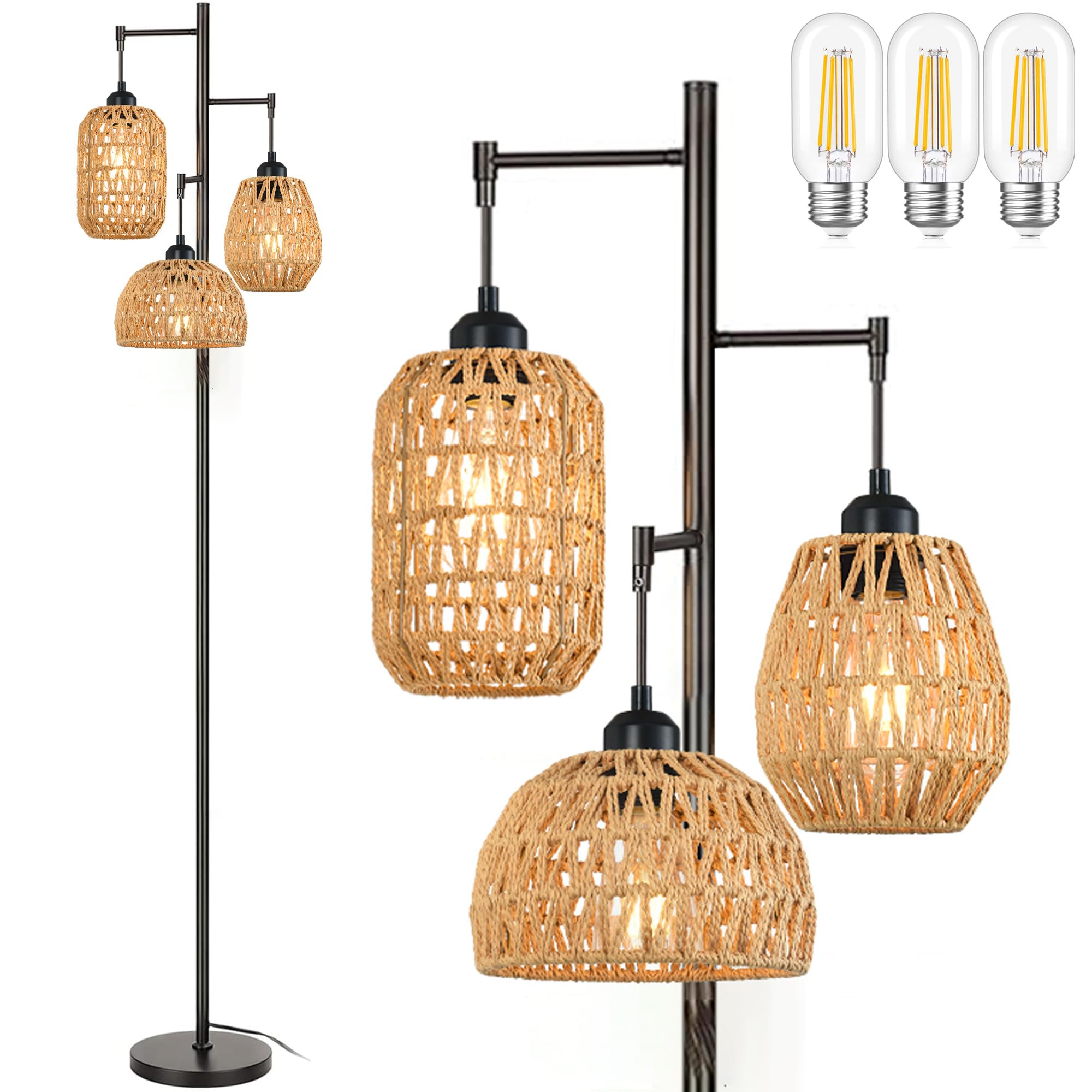 Ahdwdw Boho Floor Lamp For Living Room Bedroom - Farmhouse 3 Rattan Wicker Shades, Rustic Black Vintage Standing Light 68'' Tall