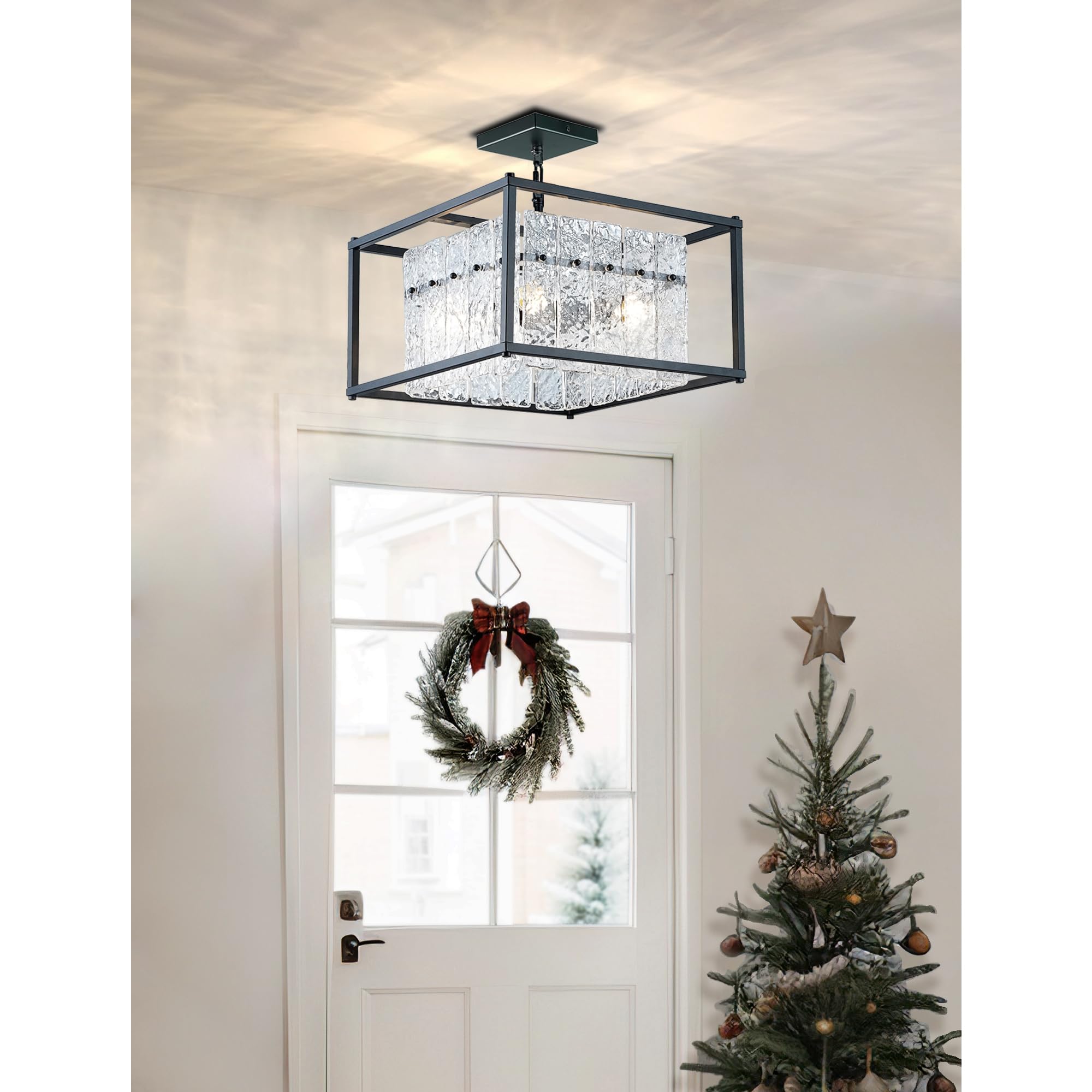 Modern Foyer Chandelier, Black Crystal Chandelier for Dining Room, Square Entryway Light Fixture Hanging, Easily Adjustable Heig