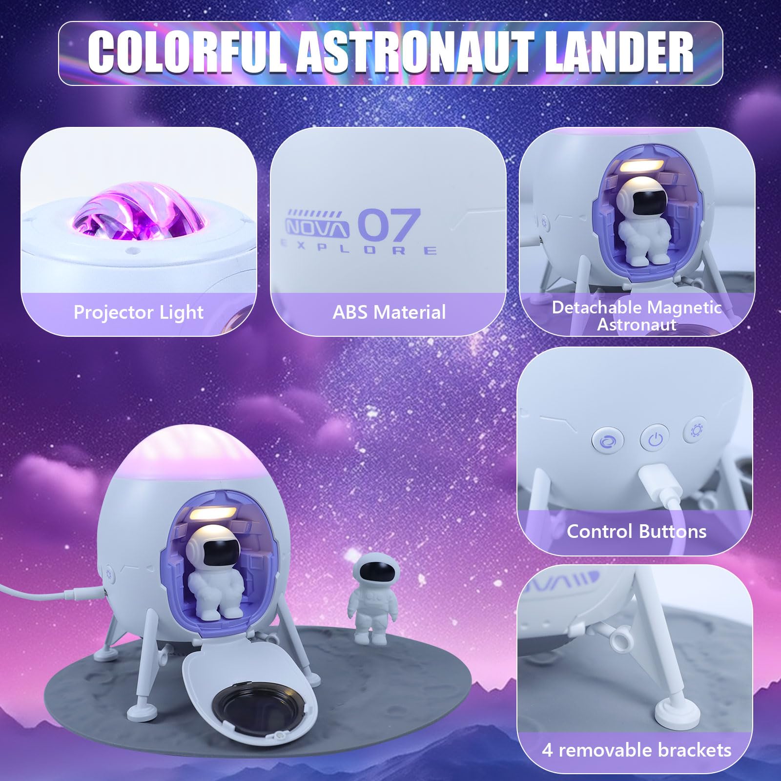 2win2buy Lander Astronaut Projector Night Light with Speaker, White, Model TYD-ZLQ-003, Ideal for Kids and Adults' Bedroom Decor