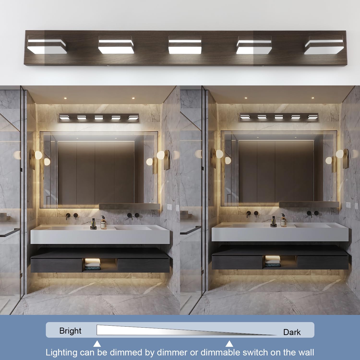 SineRise 5-Light LED Bathroom Vanity Light Fixture, 40-Inch, Dimmable, Brown Wood, Stainless Steel