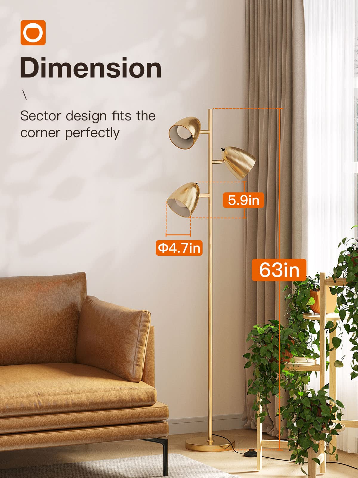 addlon Tree Floor Lamp with 3 Adjustable Lights, LED Bulbs, Antique Brass/Gold, Model 038